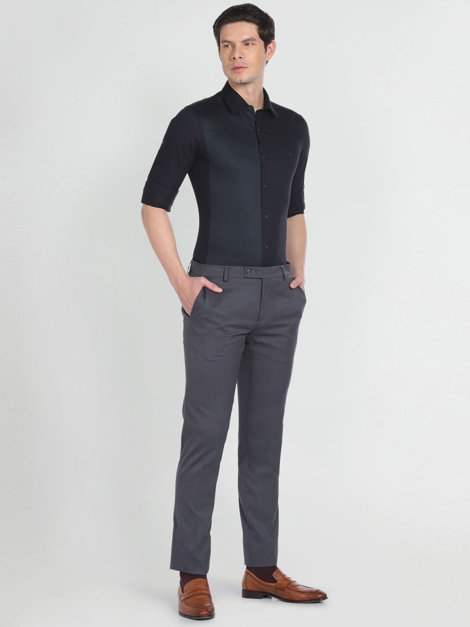 Arrow New York Green Cotton Slim Fit Striped Shirt