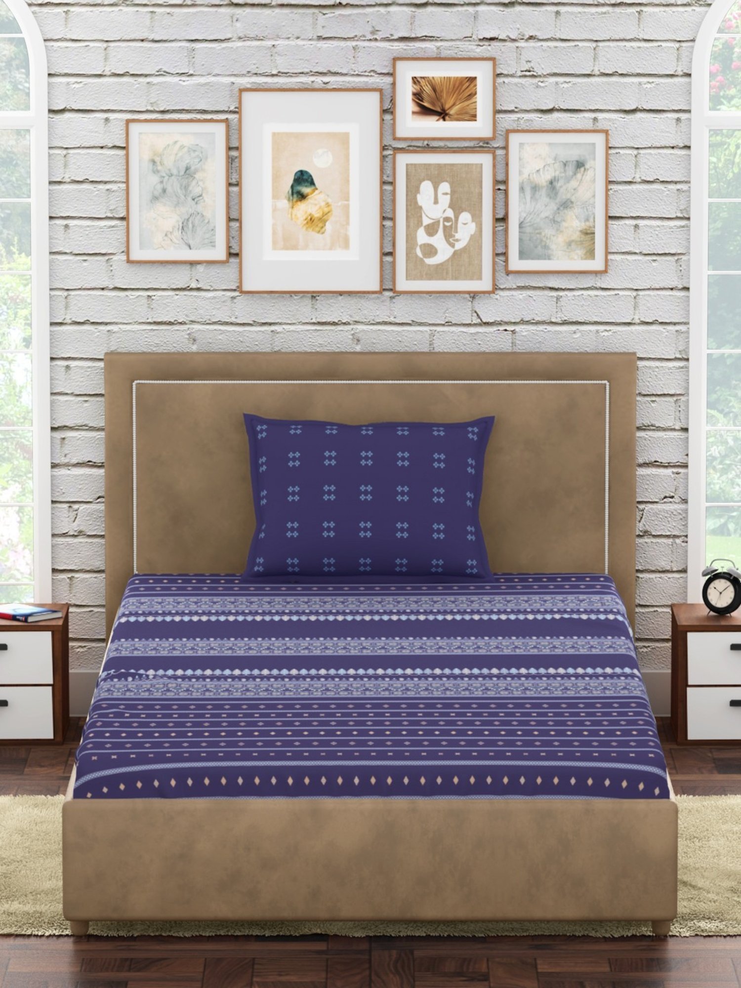 Petal Home Hooghly Motif Navy 300 TC Cotton Single Bed Sheet with 1 Pillow Cover