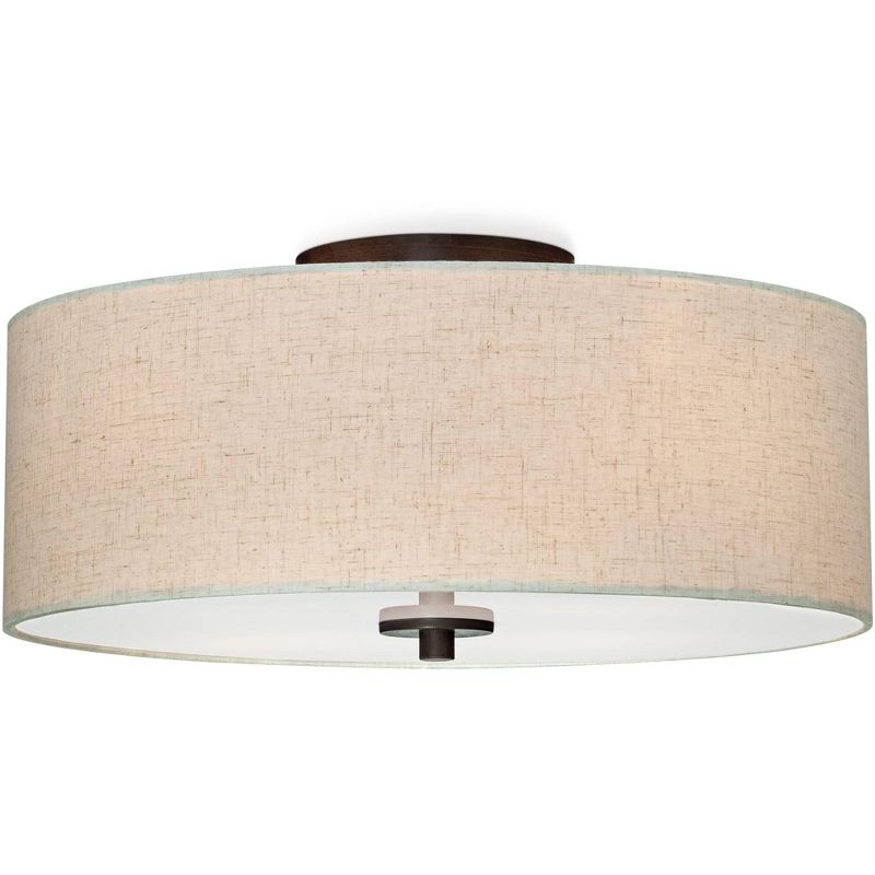 Regency Hill Modern Ceiling Light Flush Mount Fixture Bronze 18" Wide Off White Oatmeal Fabric Drum Shade Bedroom Kitchen Hallway