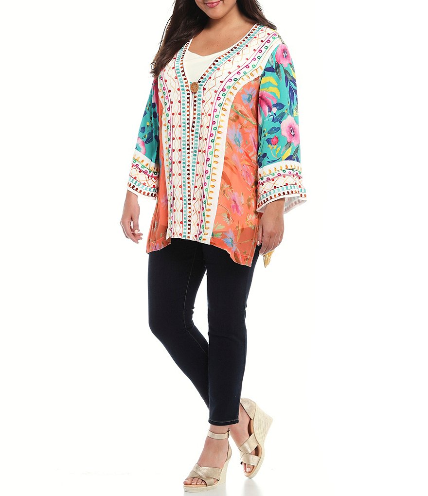 Ali Miles Plus Size Mixed Animal Print Open-Front Drop Needle Onion Skin Jacket