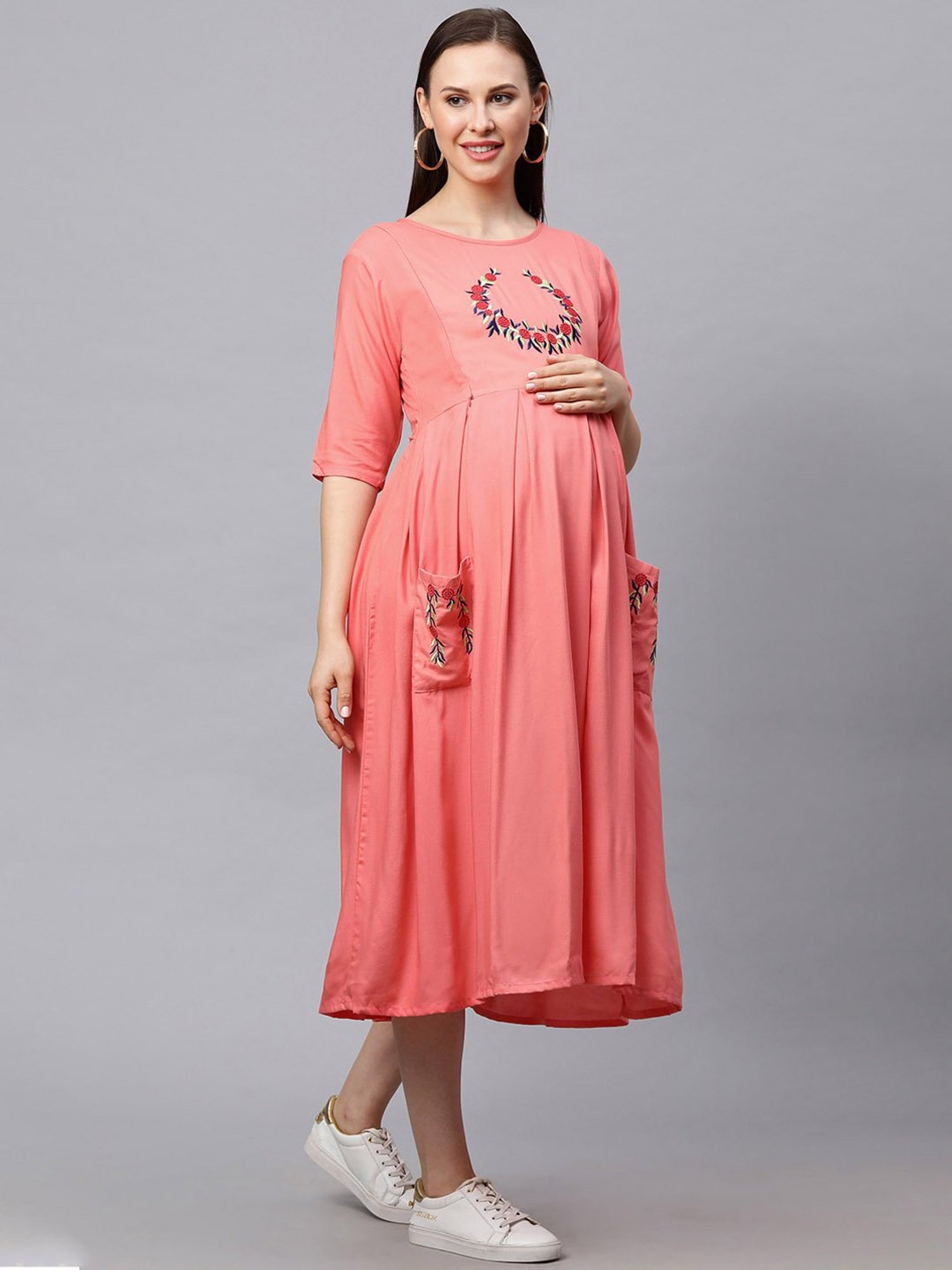 MomToBe Peach Embroidered Maternity Dress