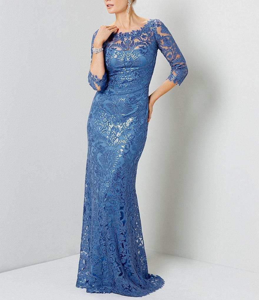 Tadashi Shoji Illusion Sleeve Boat Neck Sequin Corded Lace Gown