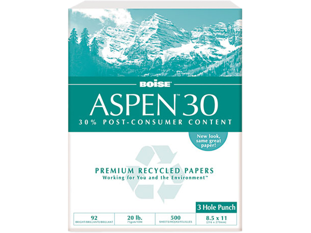 Boise ASPEN 30% Recycled Office Paper, 3-Hole, 92 Bright, 20lb, Ltr, White, 5000/Ctn
