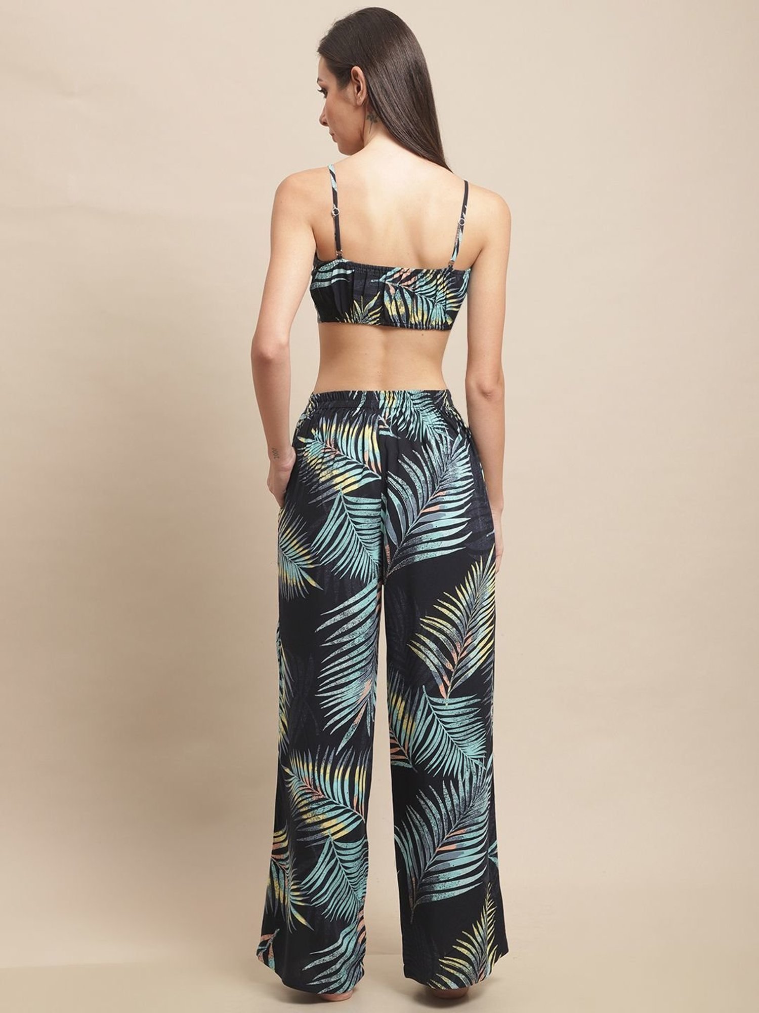 Claura Navy Printed Crop Top Pyjama With Robe Beachwear Set