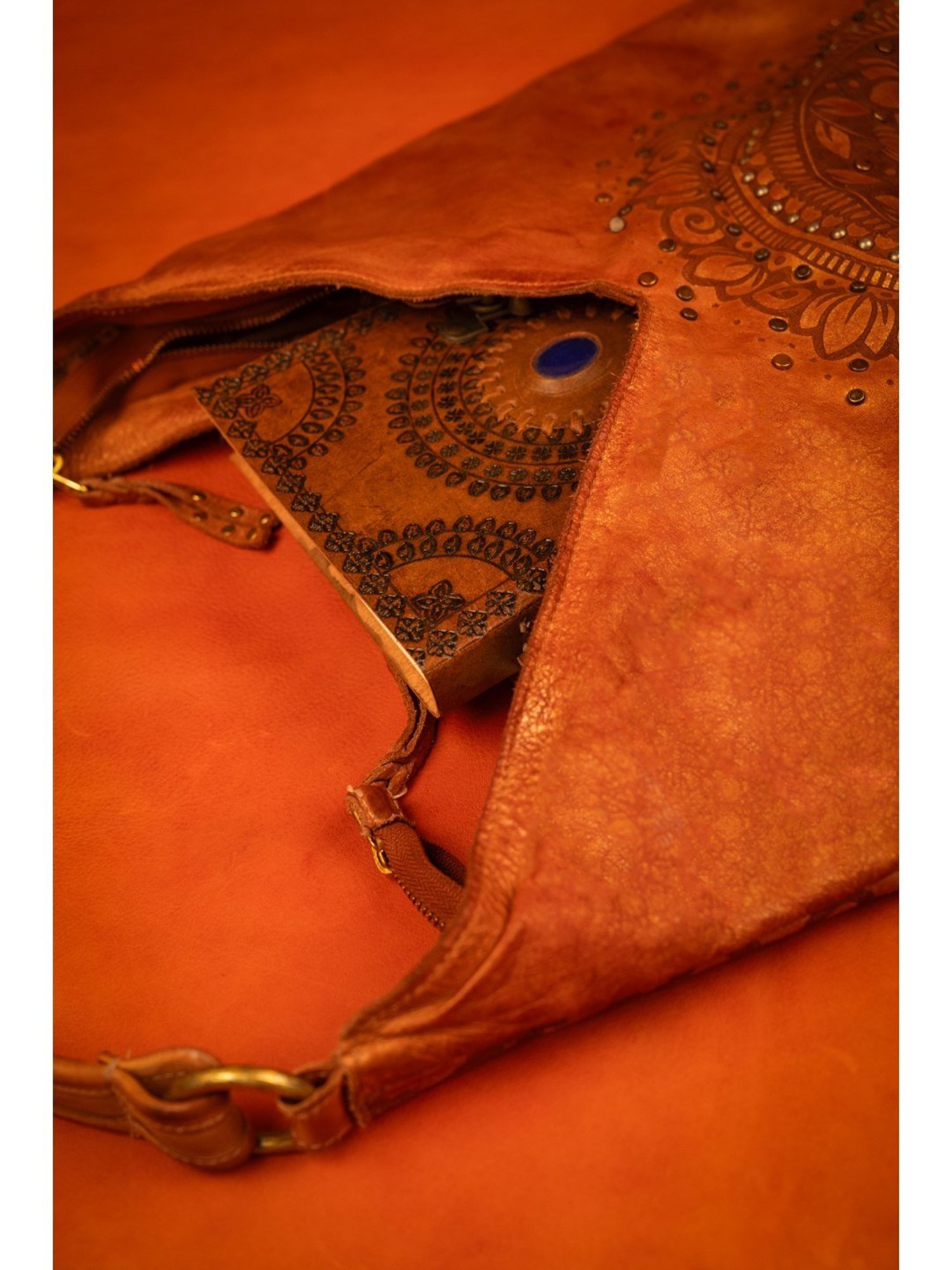 Art N Vintage Luminosa Cognac Leather Floral Large Hobo Handbag