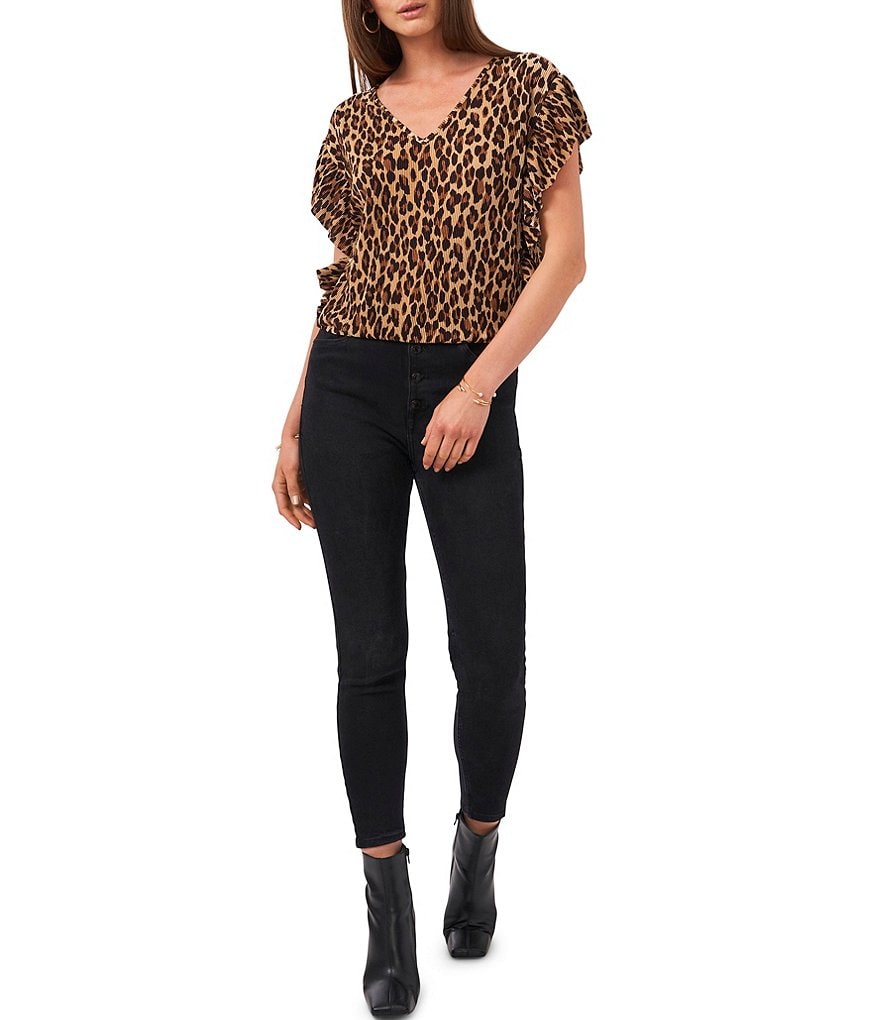 1. STATE Flutter Sleeve Drop Shoulder V-Neck Leopard Blouse