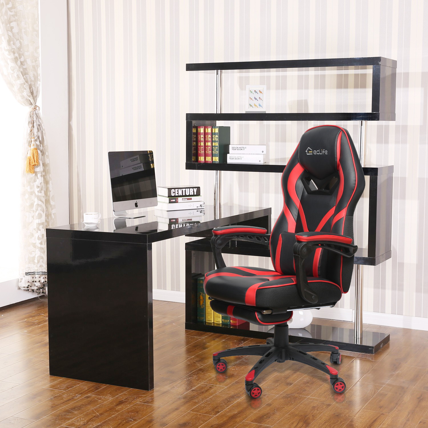 Eclife Gaming Chair Office Chair High Back Computer Chair Leather Desk Chair Ergonomic Adjustable Swivel Task Chair with Massage Lumbar Support and Footrest