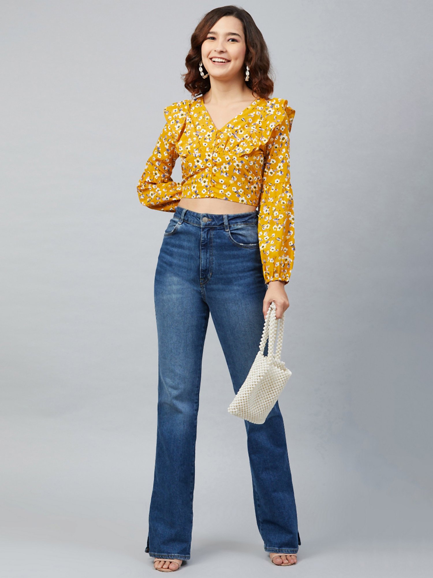 Marie Claire Mustard Floral Print Crop Top