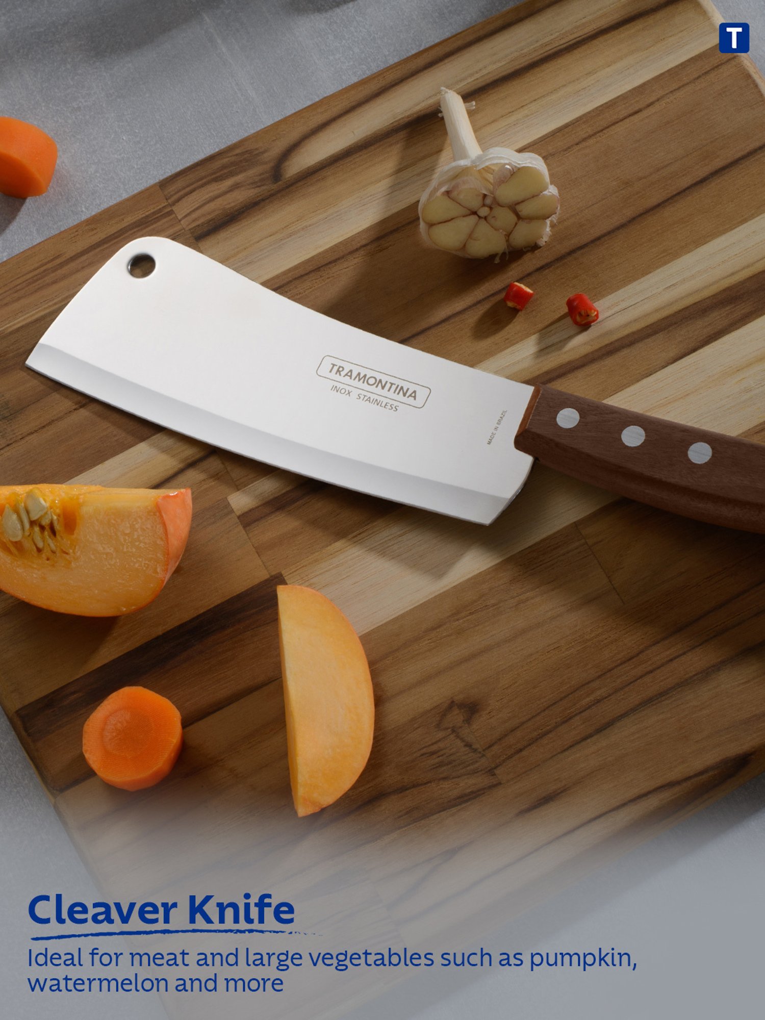 Tramontina Tradicional Stainless Steel Cleaver Knife 5.9" Plain Brazilian Wood Handle Kitchen Knife