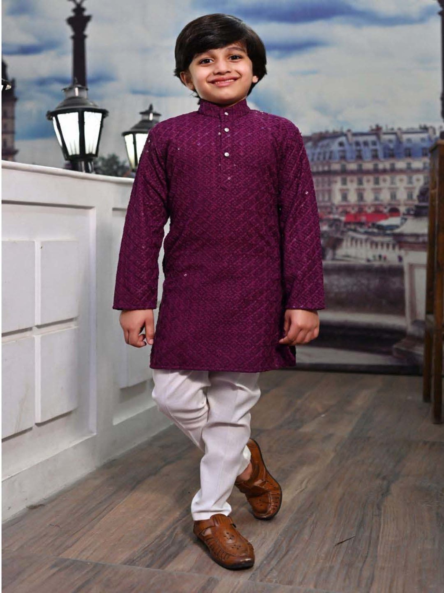 Ahhaaaa Kids Purple & White Cotton Embroidered Full Sleeves Kurta Set