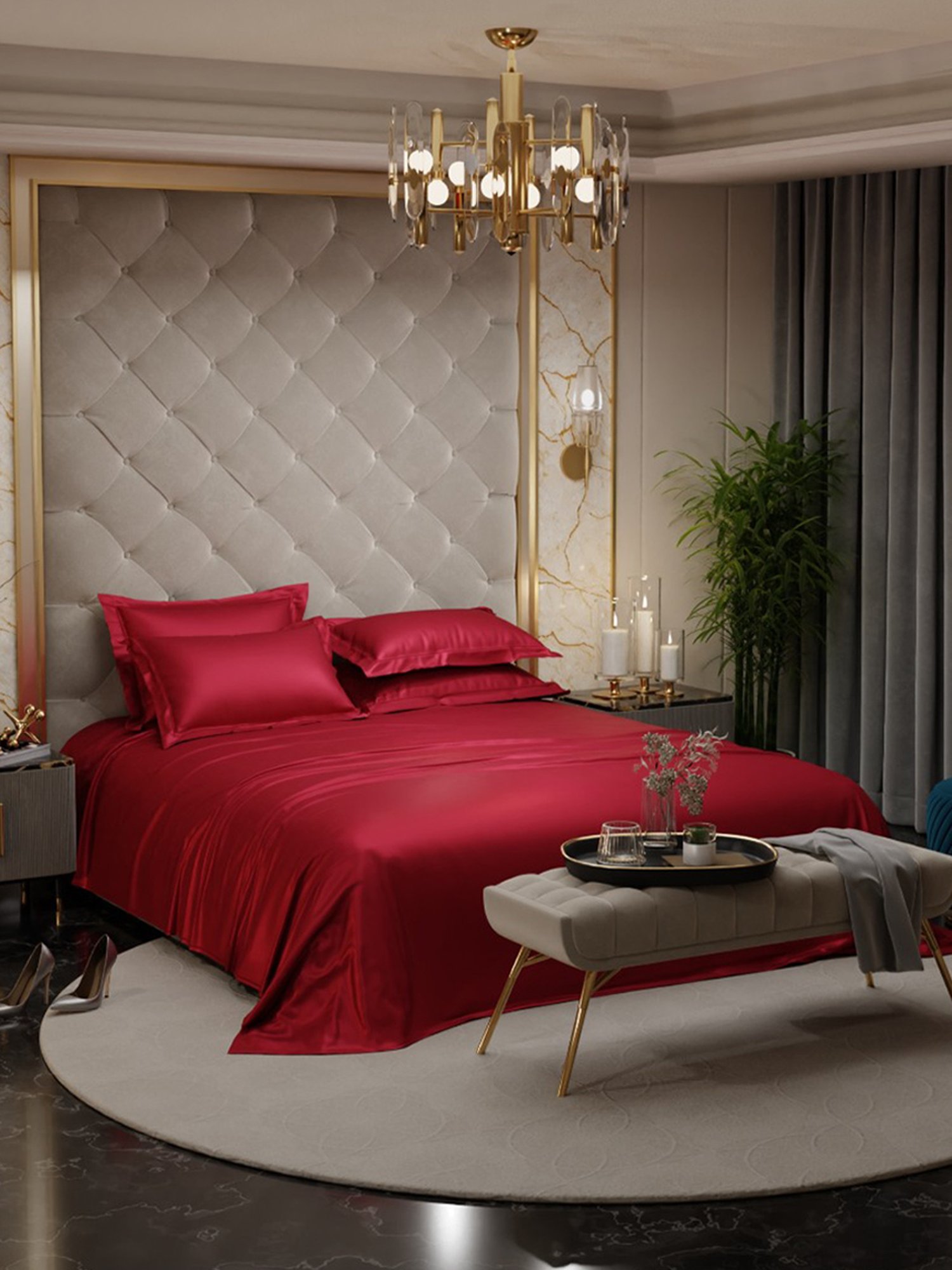 Stoa Paris Date Night Collection 300 TC Red Sateen Super King Bed Sheet with 4 Pillow Covers