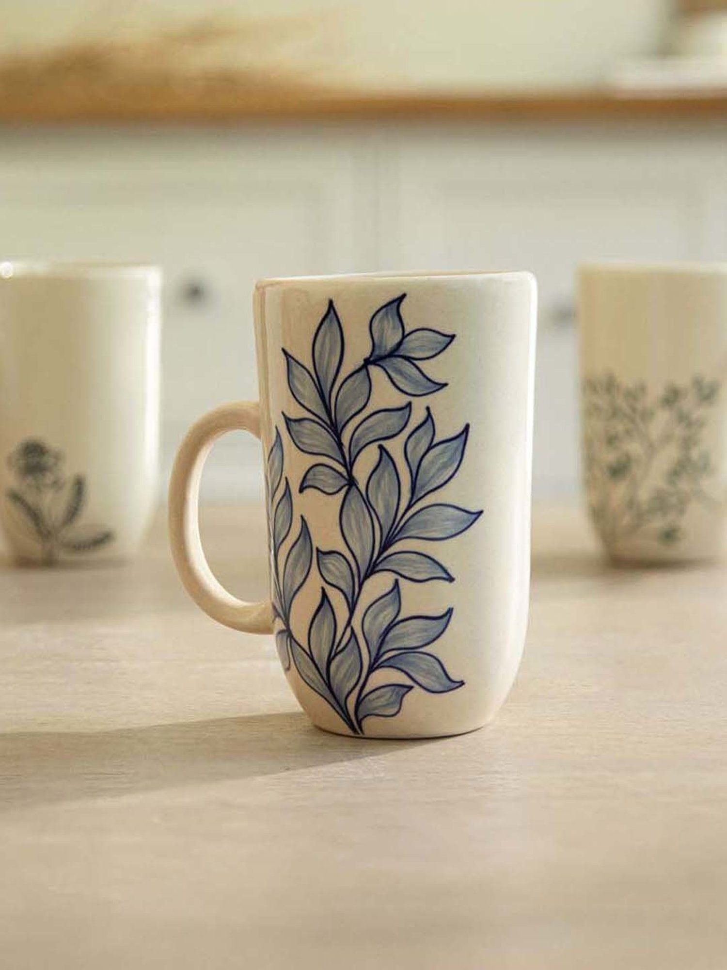 Ellementry Livada Off-White & Blue Ceramic Tall Mug (0.5 L)