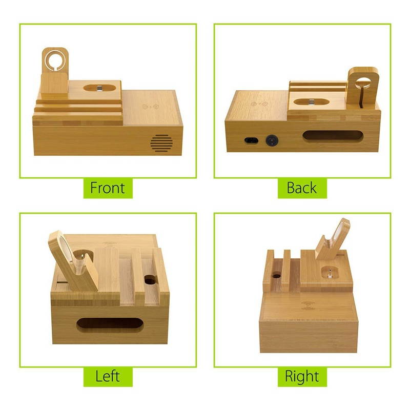 Bamboo 4 USB Ports Docking Station With Qi Wireless Charger Phone Holder Tablet Stand Watch Holder for Smart Phone Tablet Apple Watch Series