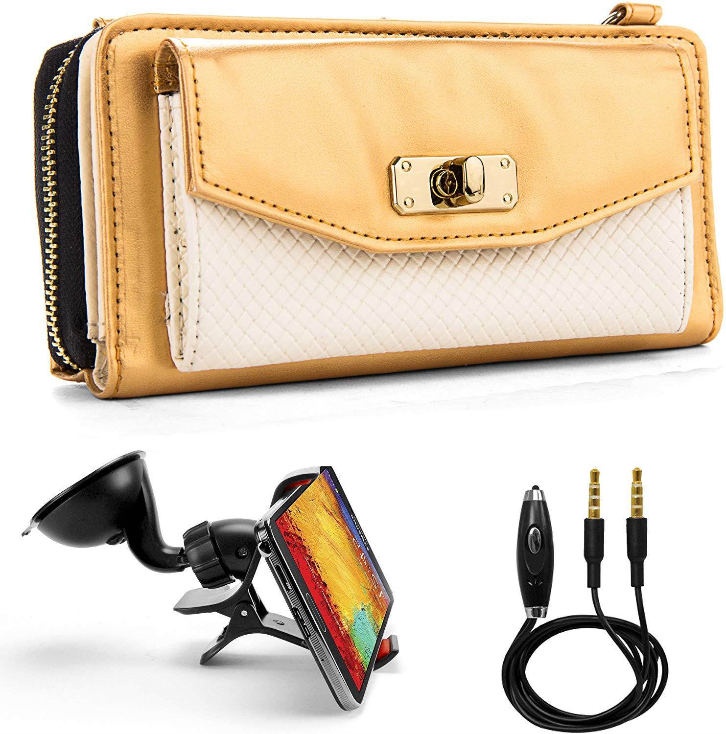 Venice Wallet Clutch Bag Carrying Case for Kyocera Hydro, Brigadier, Torque, Rise, Presto, Milano&hellip;. and Auxiliary Cable and Windshield Car Mount