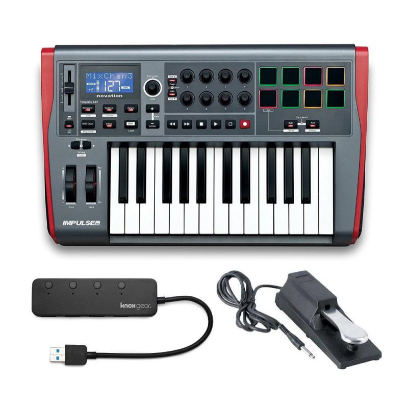 Novation Impulse 25 Controller Keyboard with Sustain Pedal and Knox USB 3.0 Hub