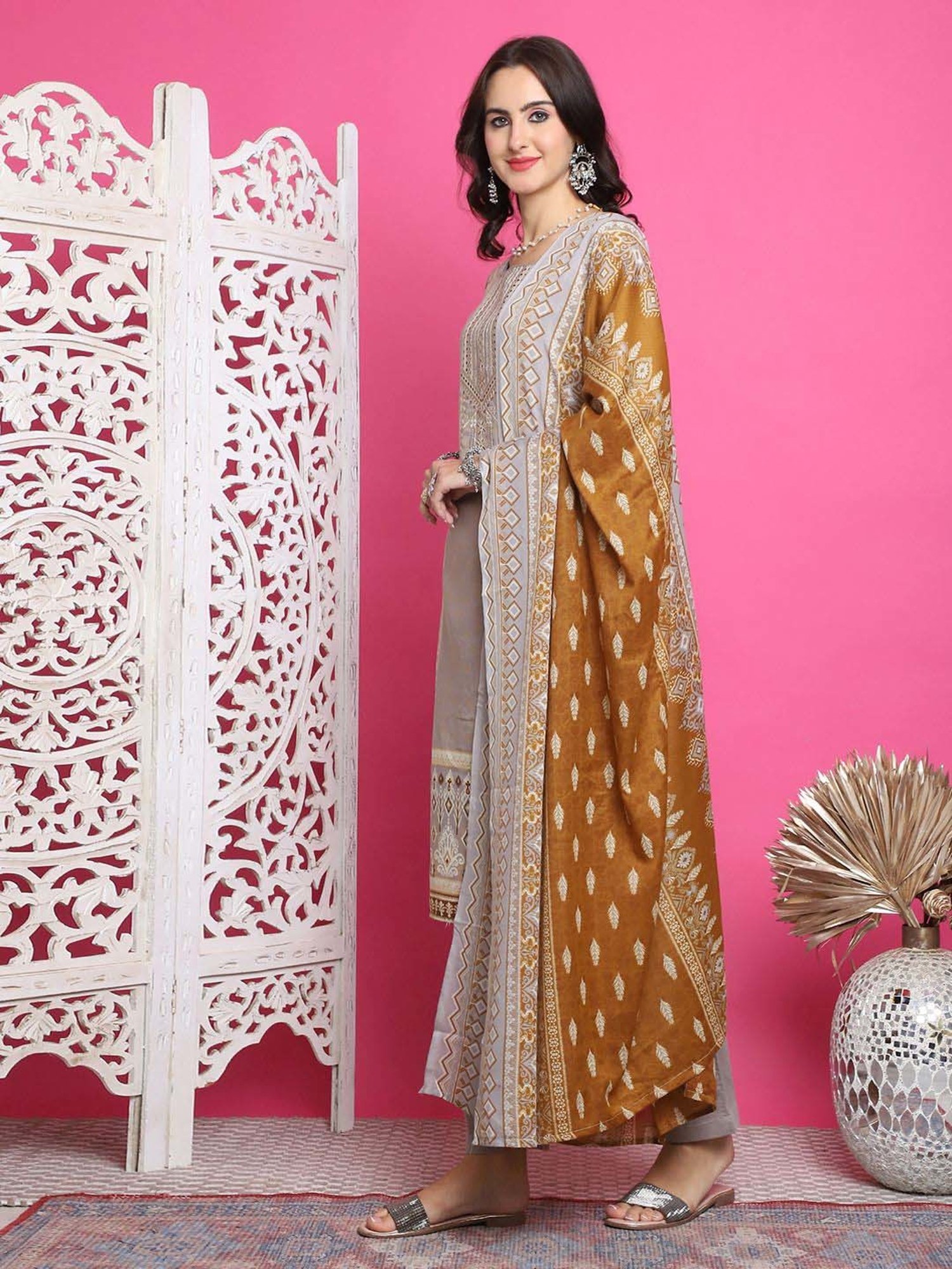 Stylee LIFESTYLE Grey Cotton Embroidered Unstitched Dress Material