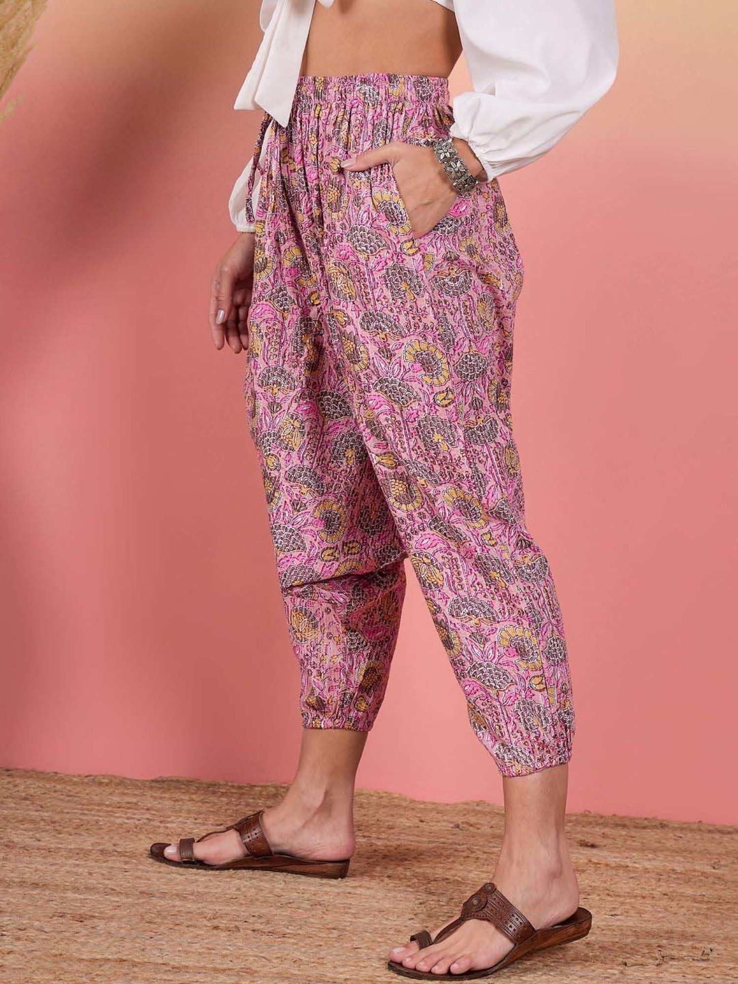 Inweave Pink Cotton Floral Print Dhoti Pants