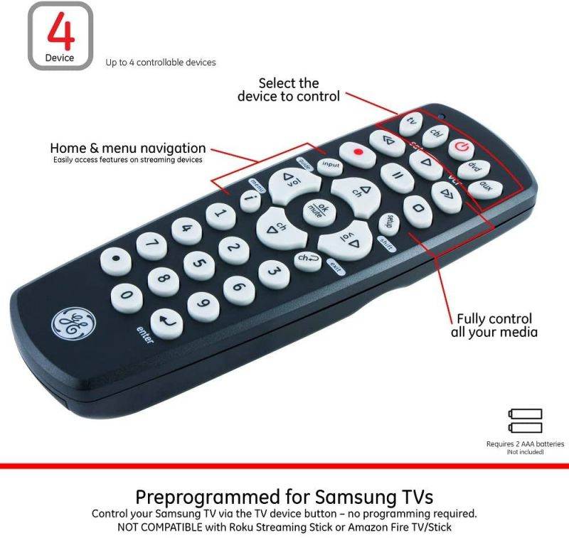 GE Universal Remote Control, Black, 34708 & Universal Remote Control for Samsung, Vizio, LG, Sony, Sharp, Roku, Apple TV, TCL, Panasonic, Smart TVs, Streaming Players, Blu-ray, DVD, Silver, 33709