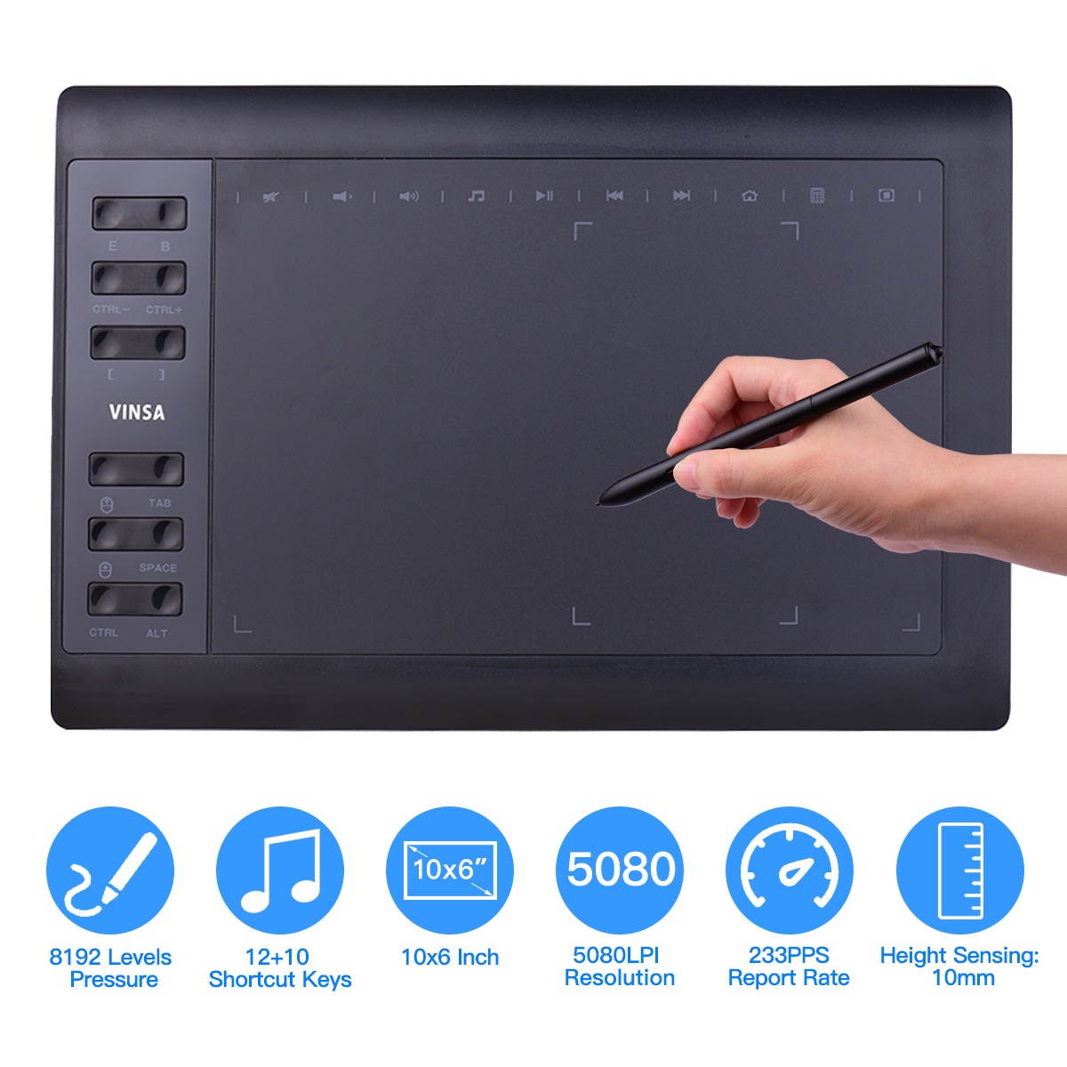 10x6 Inch Professional Graphics Drawing Tablet 12 Express Keys with 8192 Levels Battery-Free Stylus/30pcs Nibs/Pen Clip/2pcs OTG Cable/Copy Film/Hand Feeling Film/Protective Bag/Glove Support