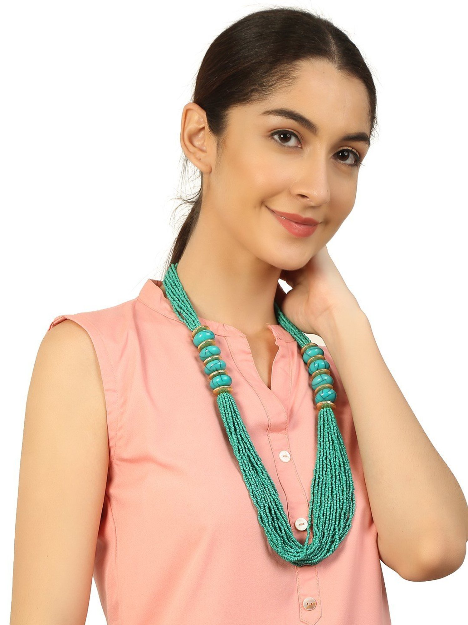 Imli Street Green Golden Long Beaded Handcrafted Necklace