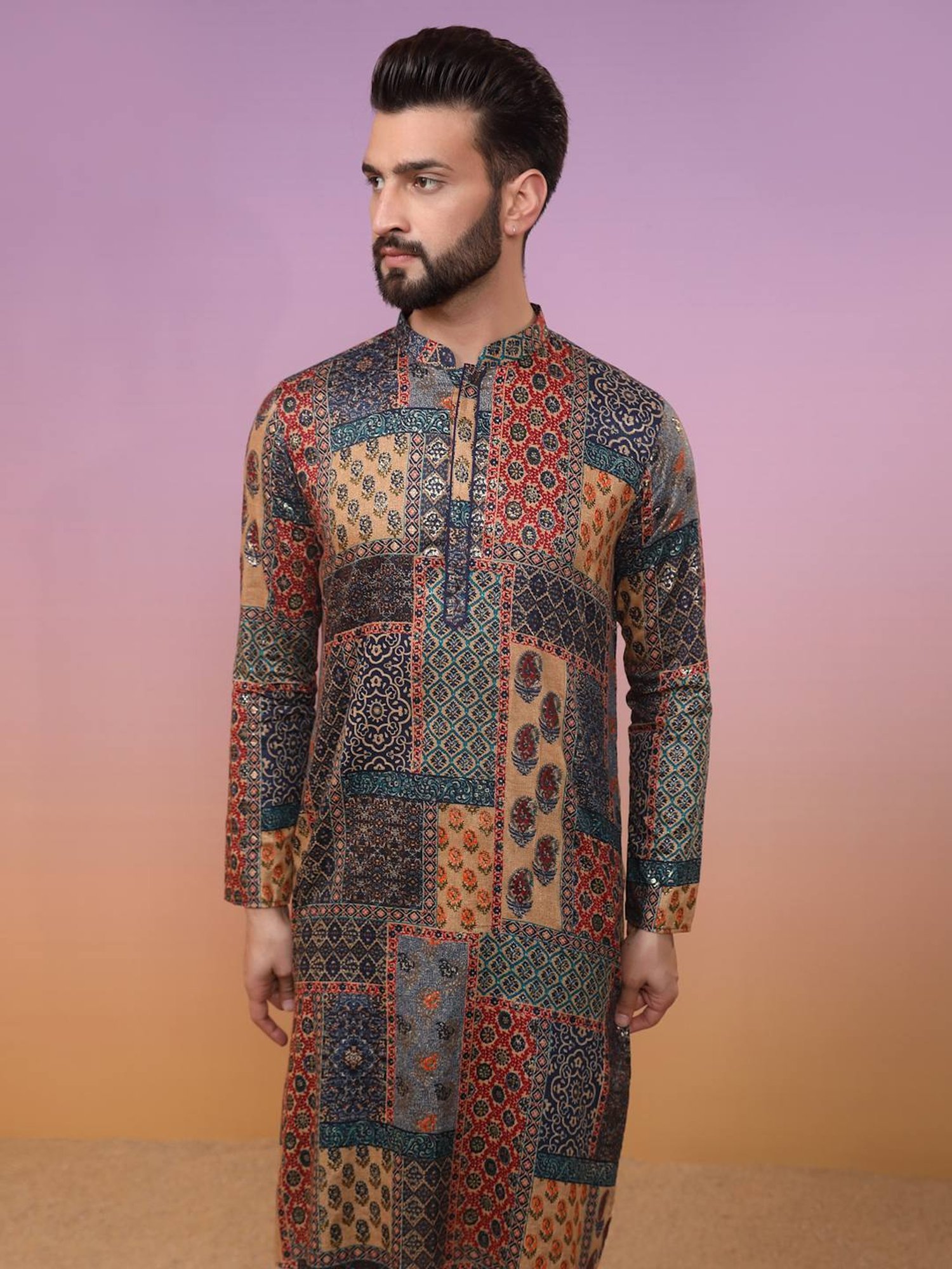 KISAH Brown & Blue Regular Fit Printed Kurta Bottom Set