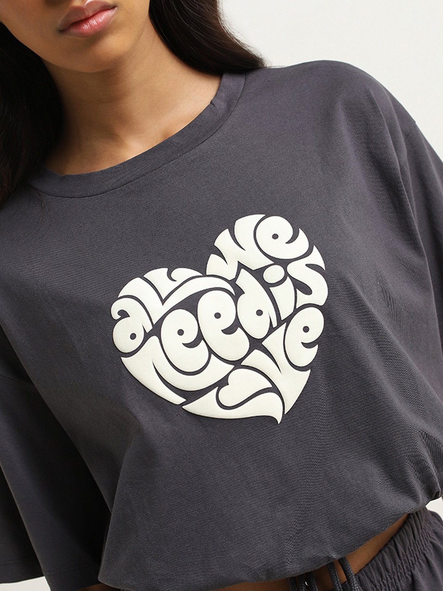 Superstar by Westside Grey Text Patterned Cotton T-Shirt