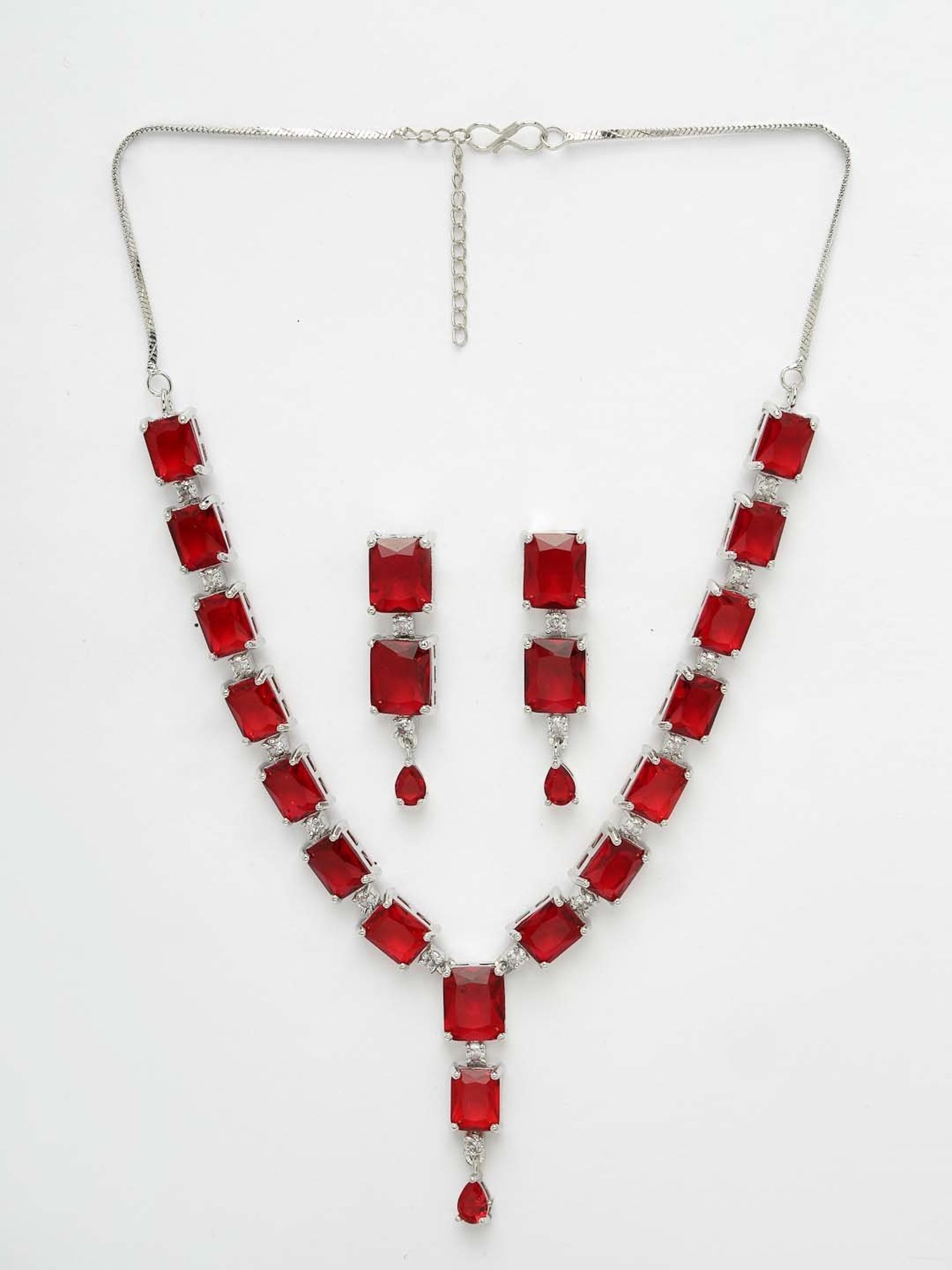 NVR Silver Plated & Maroon CZ Stone Handcrafted Jewellery Set for Women