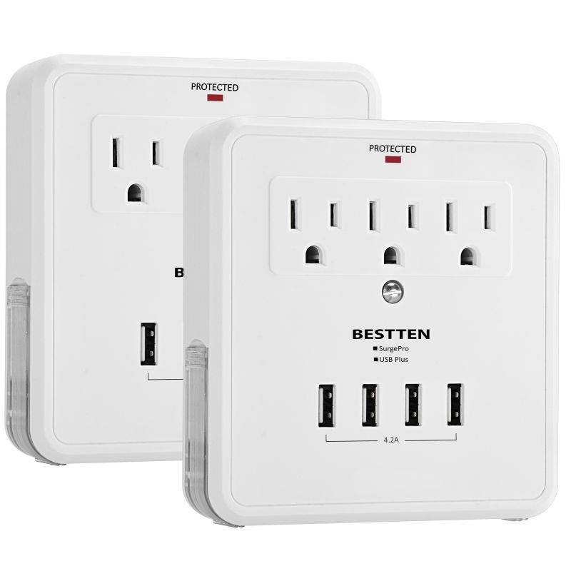 [2 Pack] BESTTEN 3 Outlet Wall Tap Adapter Surge Protector with 4 USB Charging Ports, 3 AC Outlets, and 2 Slide-Out Phone Holders, ETL Certified, White