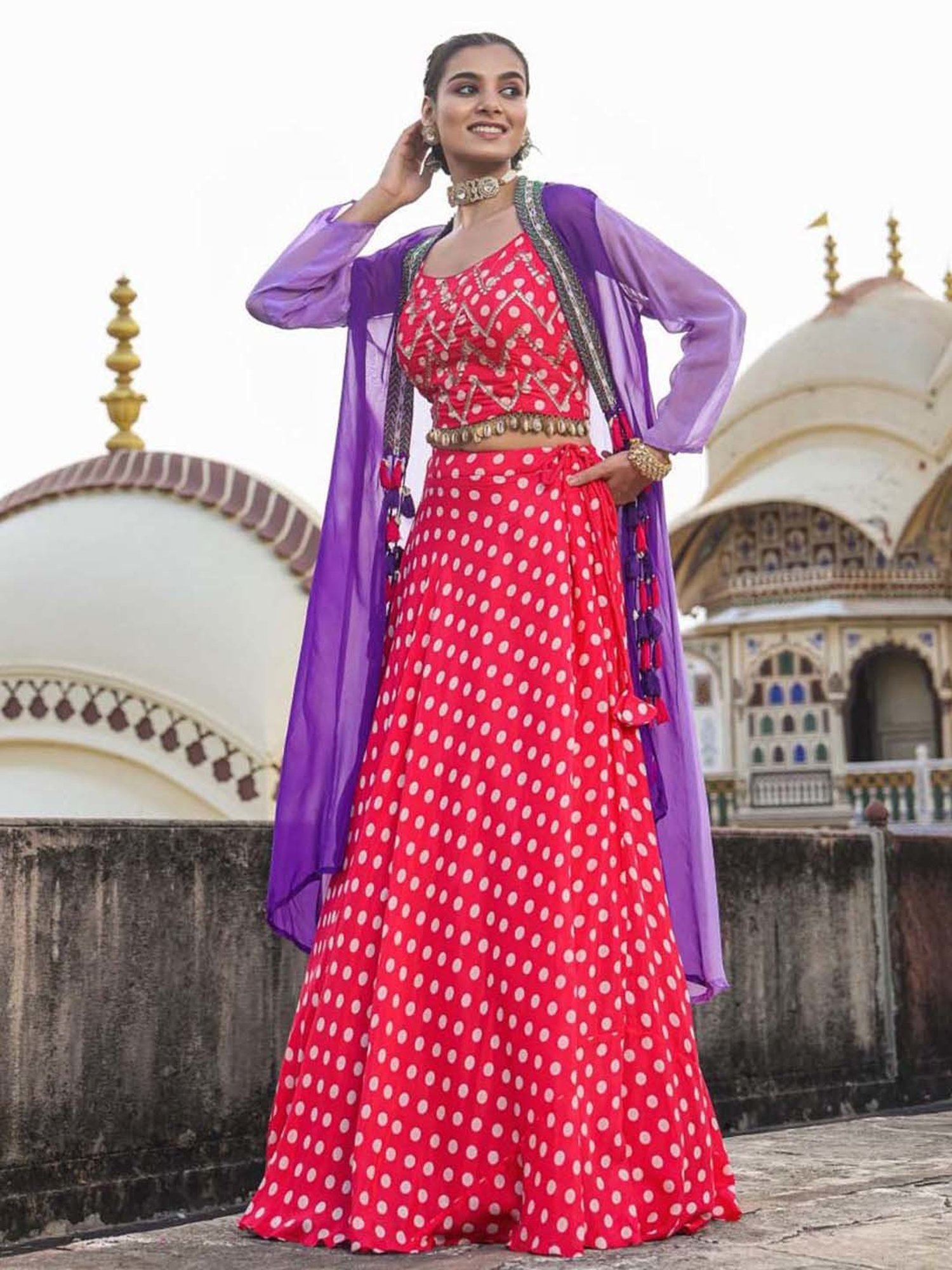 SCAKHI Pink Printed Lehenga Choli Set With Cape