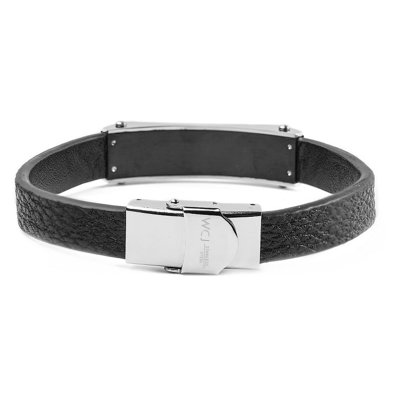 Men's West Coast Jewelry Black Leather and Stainless Steel Cable Inlayed ID Plate Bracelet
