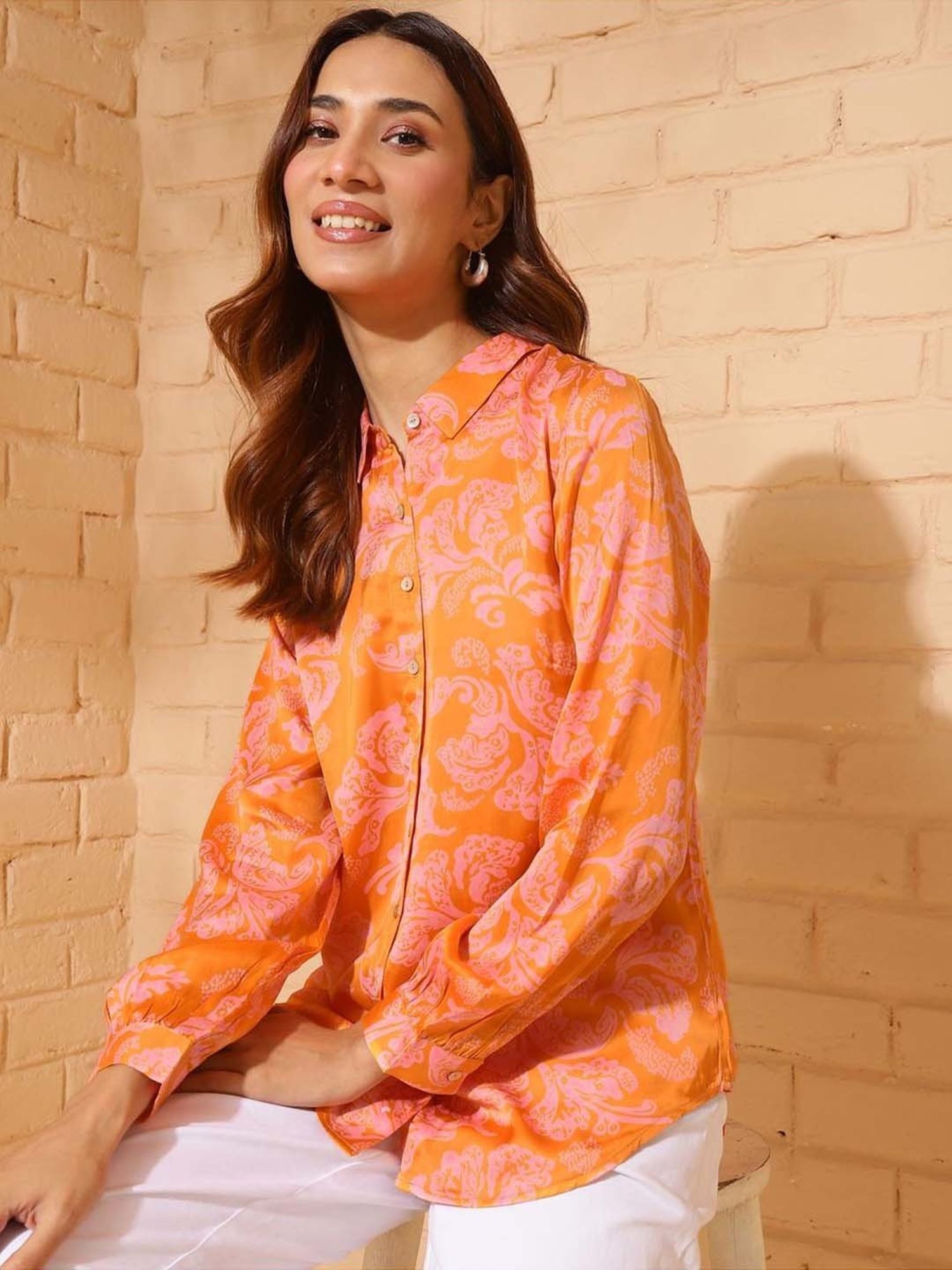 Fabindia Orange & Pink Printed Shirt