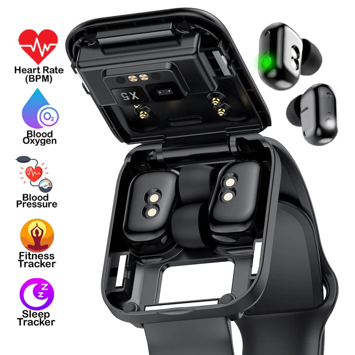 1.54-inch SmartWatch & EarBuds - BT 5.0 Universally Compatible + BPM/Heart Rate Monitor + Blood Pressure/Blood Oxygen(SPO2)