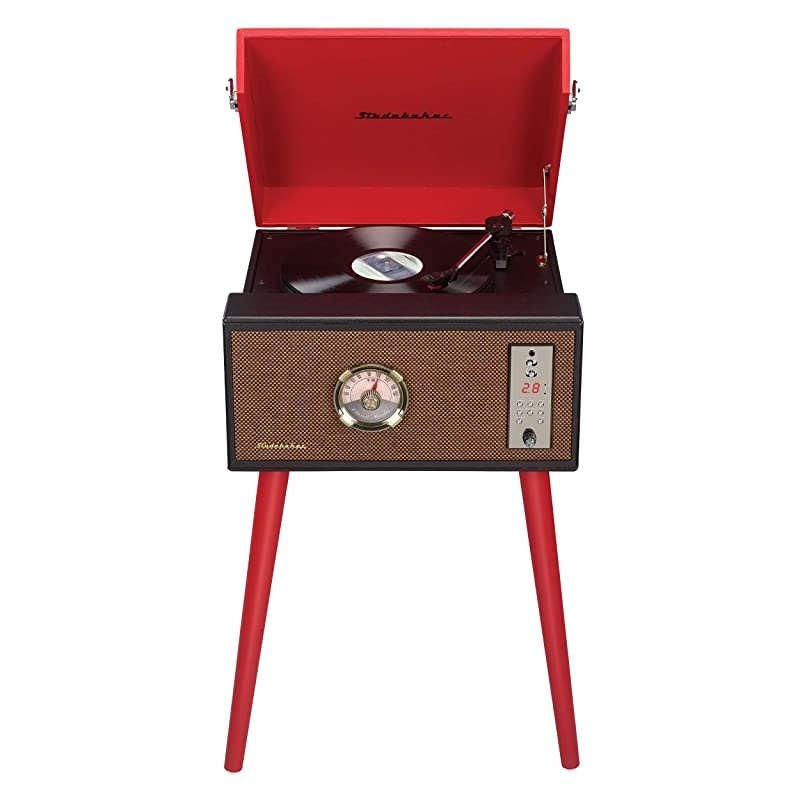 Floor Stand Turntable, Bluetooth Receiver, CD Player, FM Radio, Wood Cabinet, 3W RMS Speakers x 2 (Red)