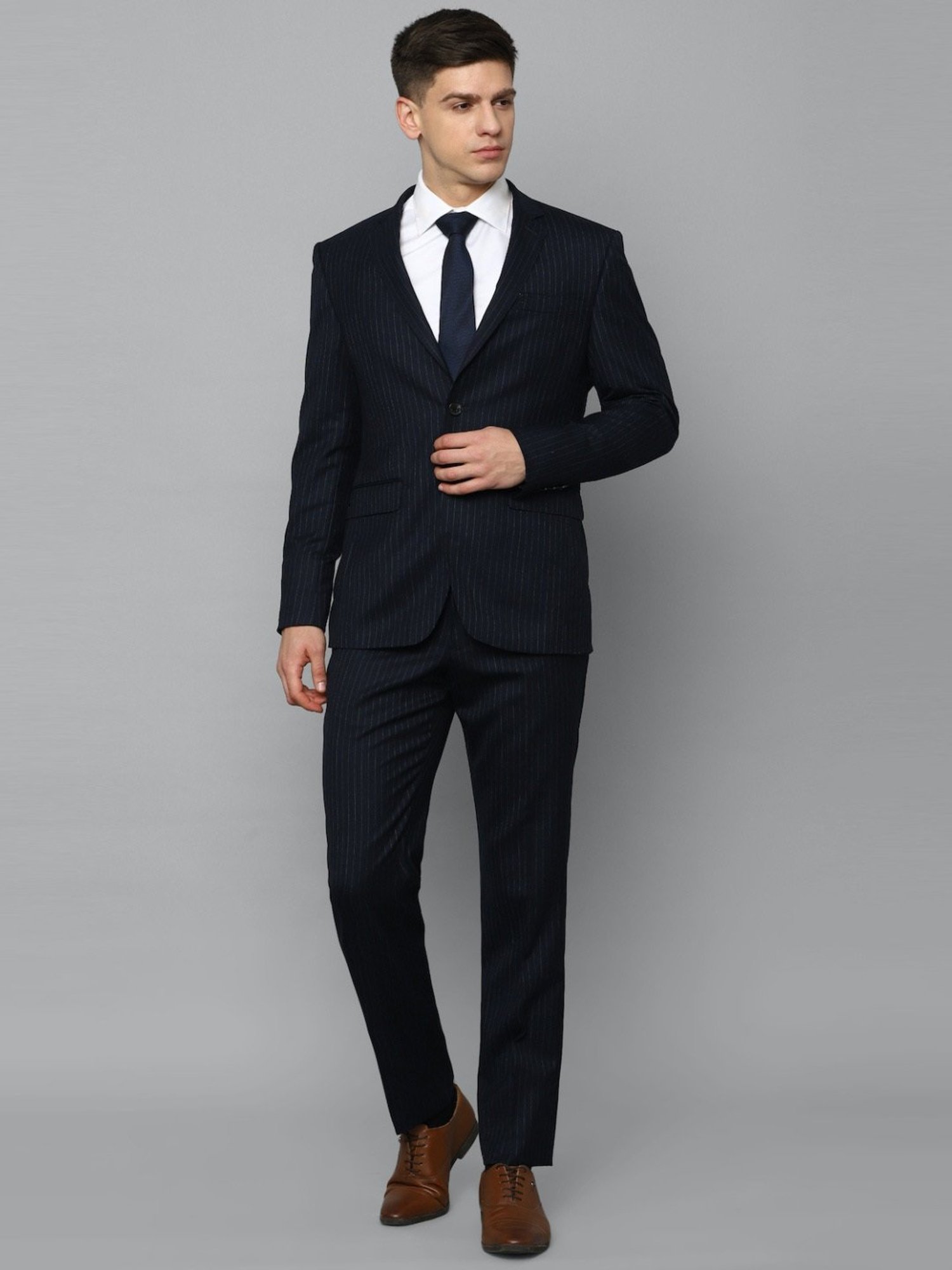Luxure By Louis Philippe Navy Slim Fit Striped Two Piece Suit