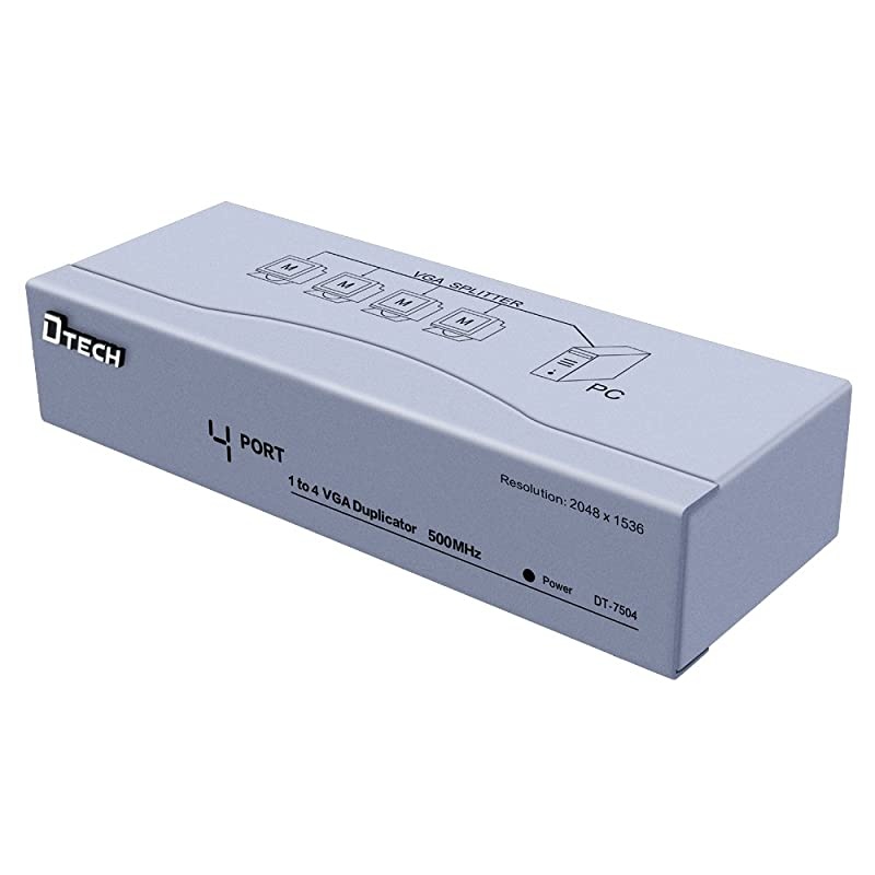 Powered 1 in 4 out VGA Video Splitter Distribution Box Signal Copy with Power Adapter 500MHz High Resolution 1080p