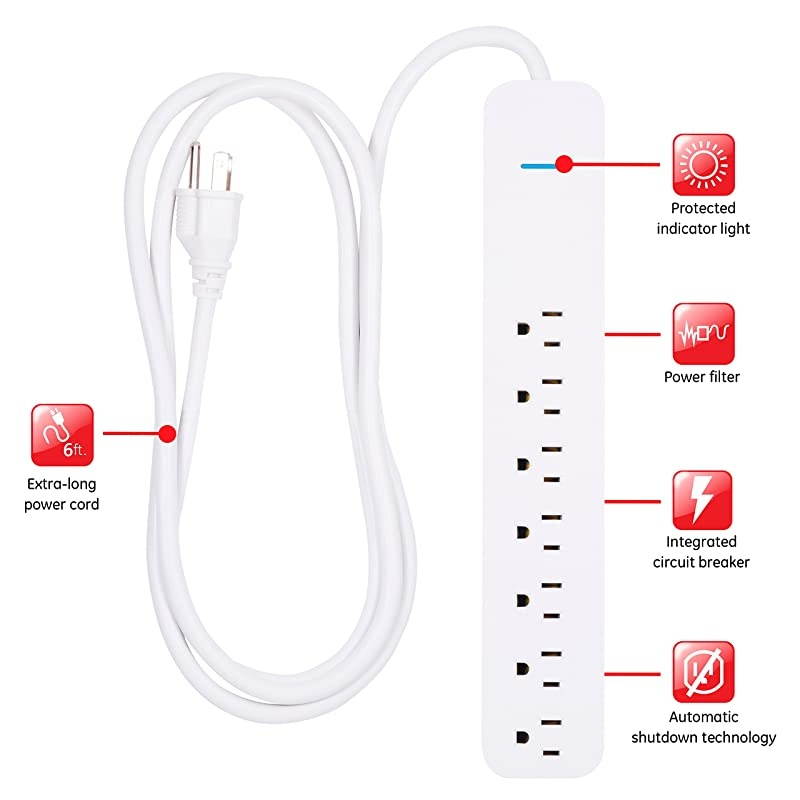 Power Strip Sur Protector 7 Outlets Long Power Cord 6ft Wall Mount Warranty White 36359
