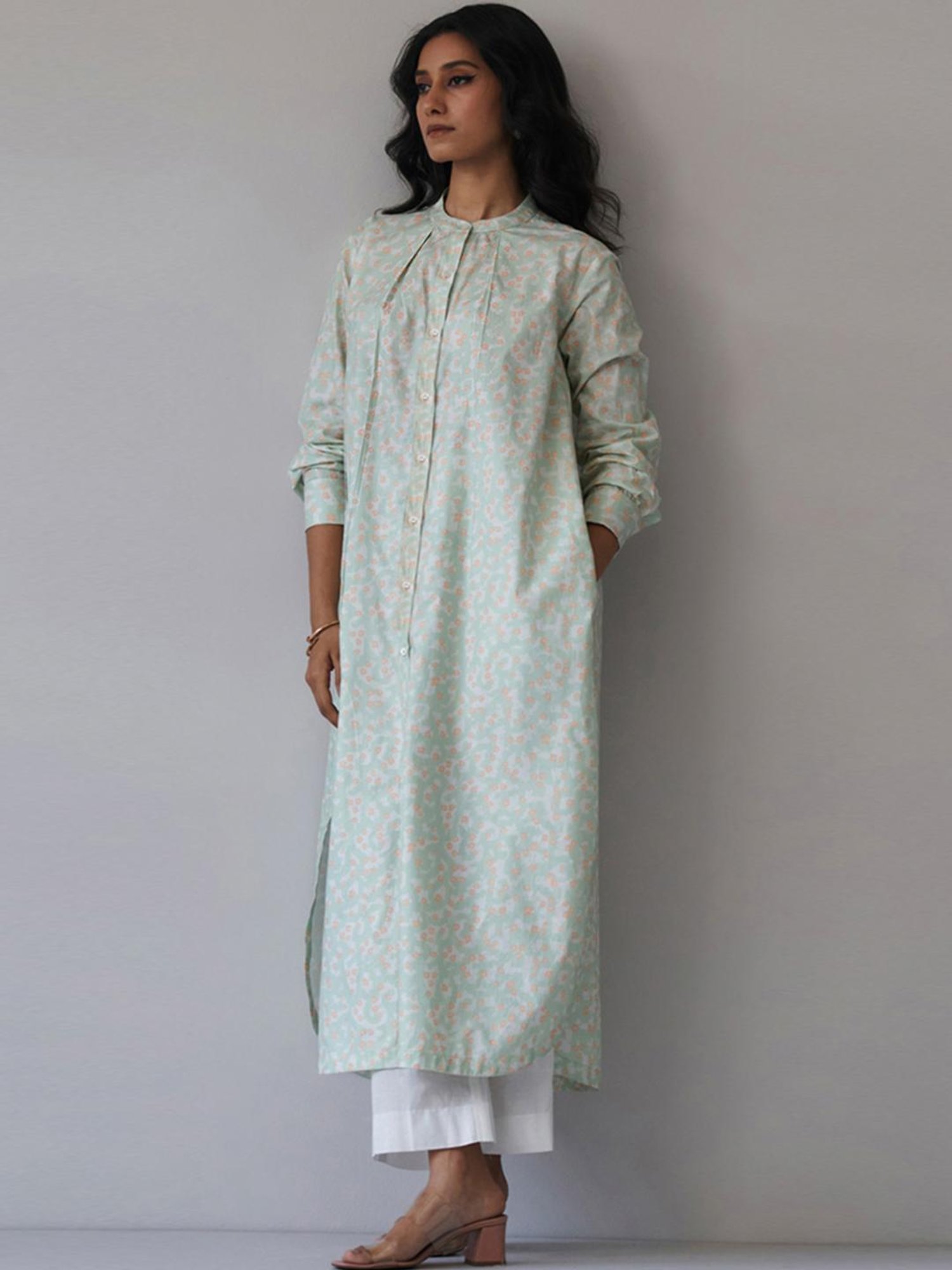 Ganga Fashions Subtle Green & Peach Cotton Kurta with Pant Co-ord Set