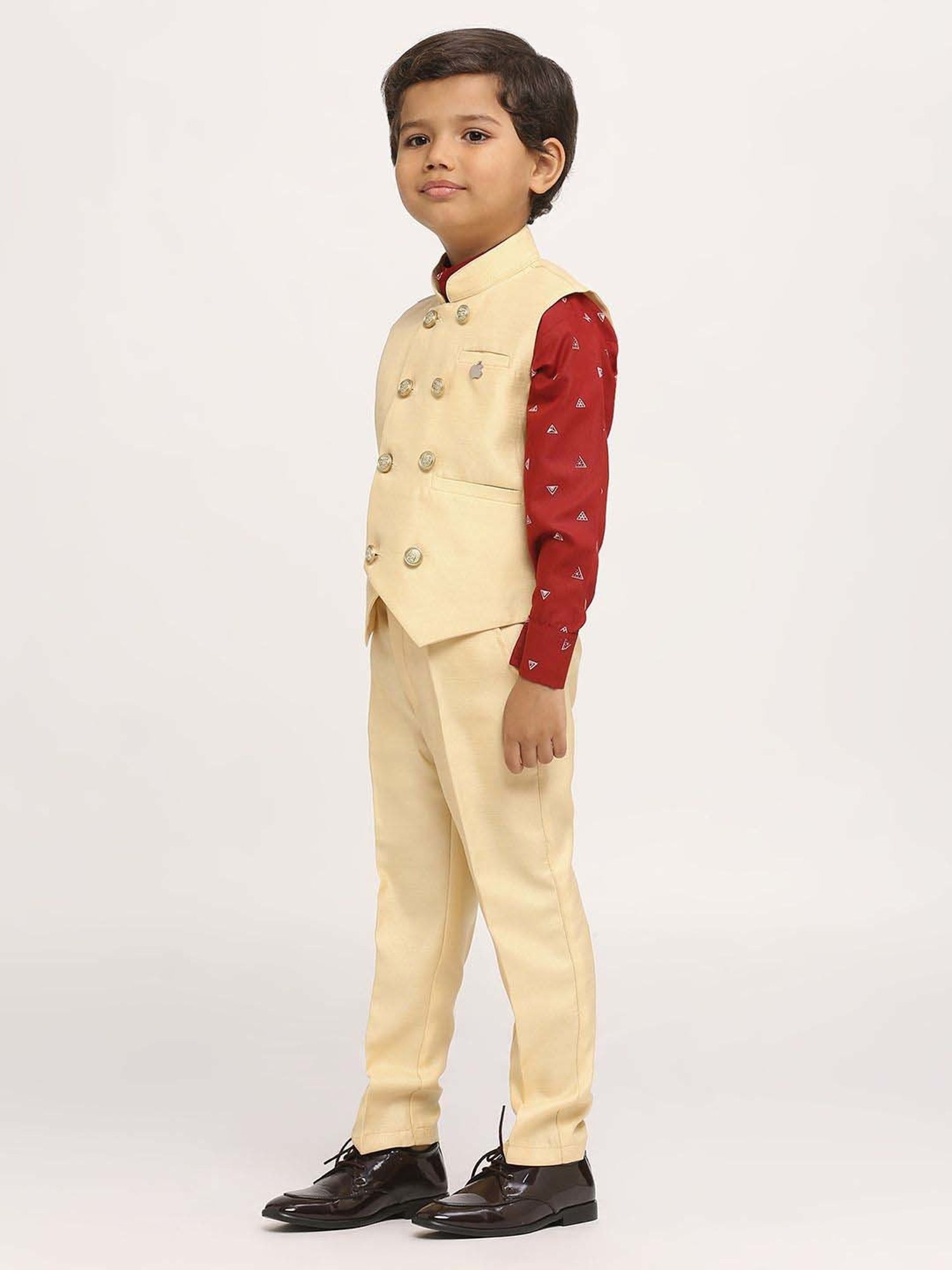 Kids Island Boys Red & Beige Solid Full Sleeves Suit Set