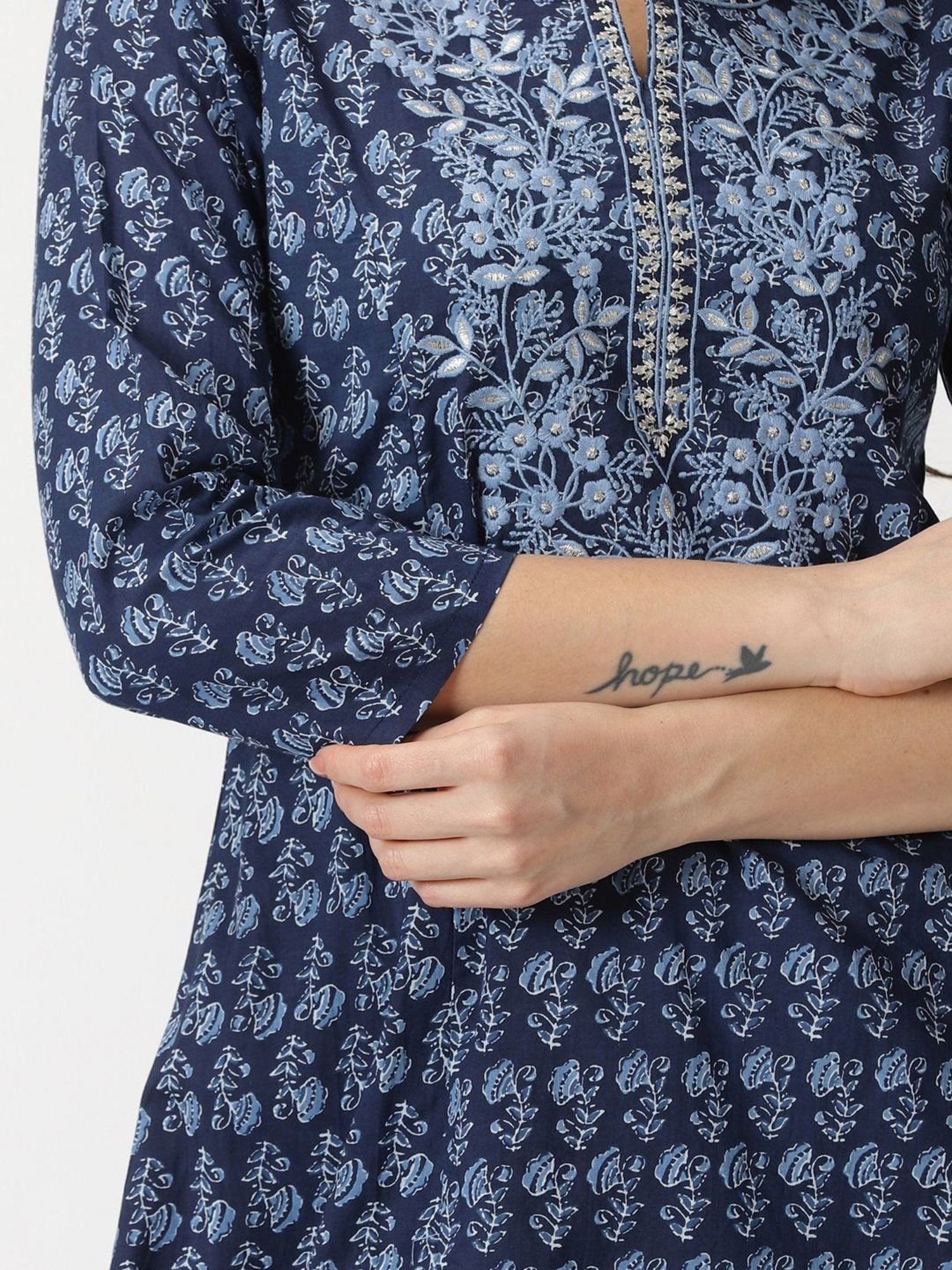 Saffron Threads Blue Cotton Embroidered A Line Kurta