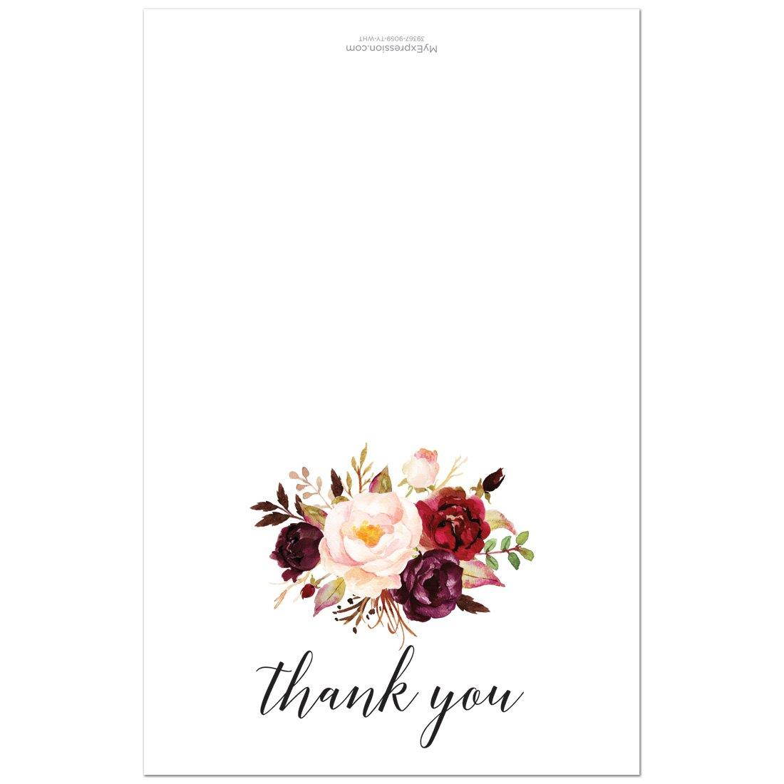50 cnt Rustic Watercolor Floral Thank You Cards with Envelopes (Burgundy)