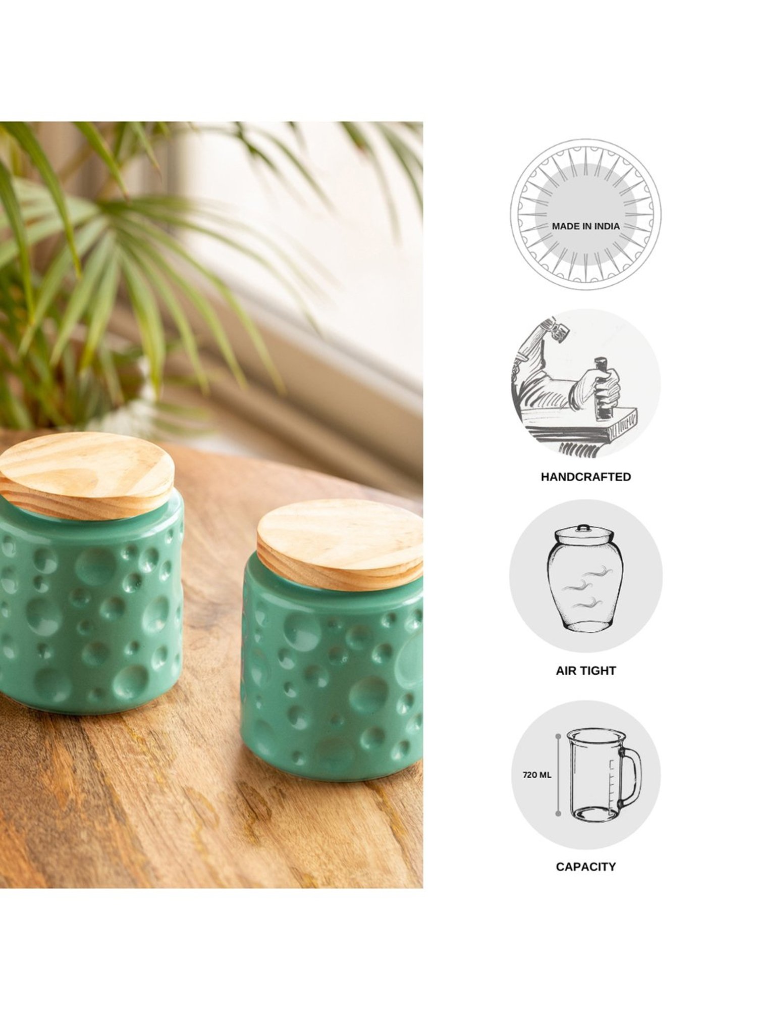 ExclusiveLane Vibrant Green Ceramic Jars & Containers - Set of 2, 720 ML