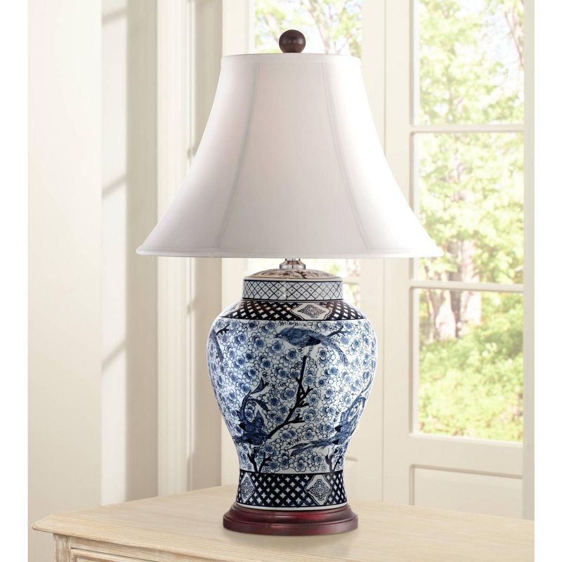 Barnes and Ivy Traditional Table Lamp Porcelain Blue and White Bird and Branch Jar White Bell Shade for Living Room Family Bedroom