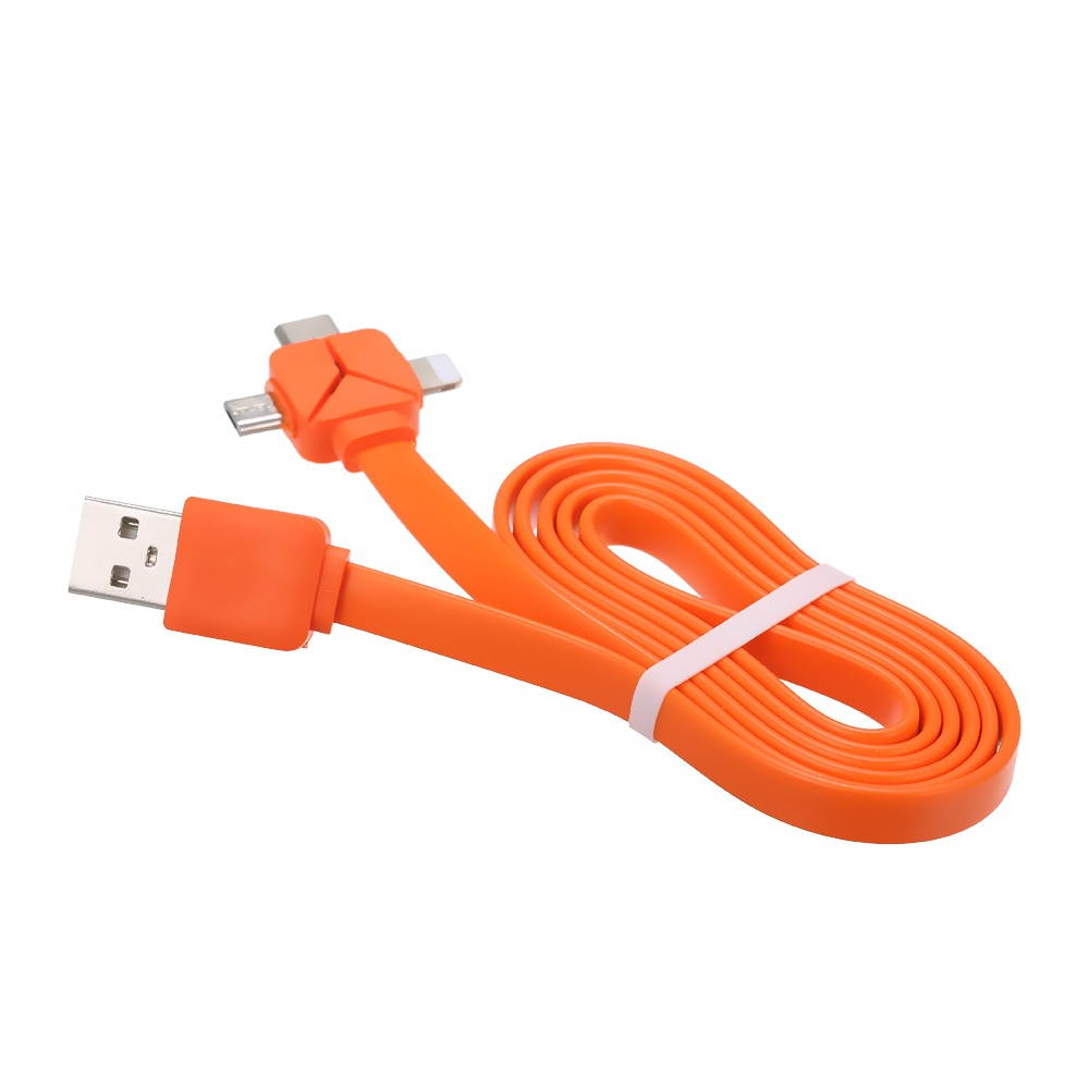 3 in 1 Charging Cable Data Cable Lighting Noodle Cables Multifunctional Mobile Phone Charging Cable 1M with Lightning/Micro USB/Type-C Ports Replacement for iPhone/Samsung/Xiaomi/Huawei(Orange)