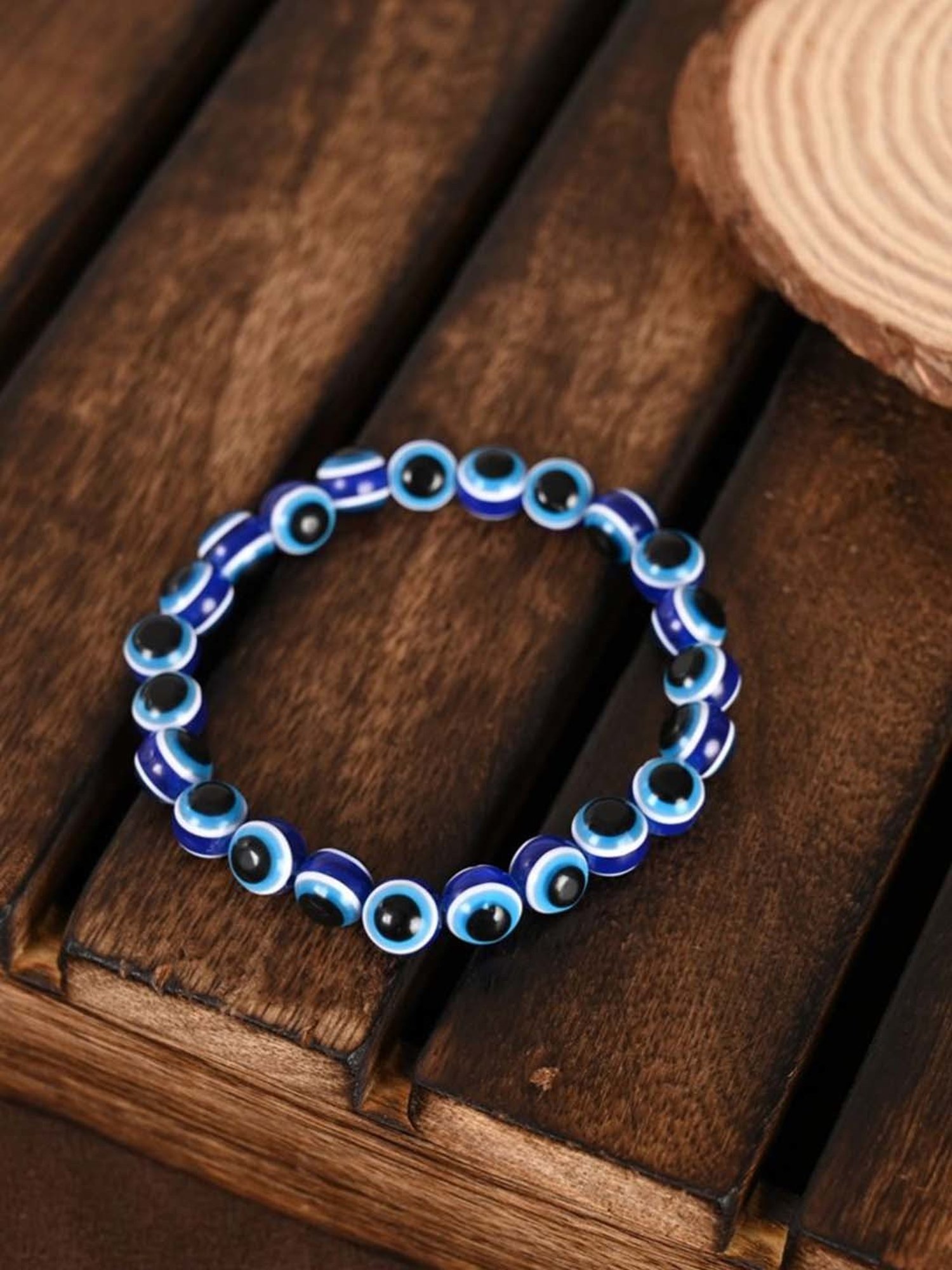 NVR Black & Blue Evil Eye Elasticated Bracelet for Unisex