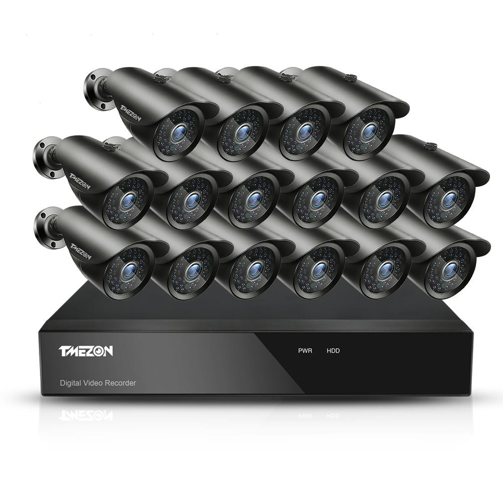 TMEZON 1080P CCTV Camera System 16CH 1080N Lite Surveillance DVR Video Recorder, 16x HD 1920TVL 2.0MP 24leds Indoor Outdoor IR Night IP66 Weatherproof Security System