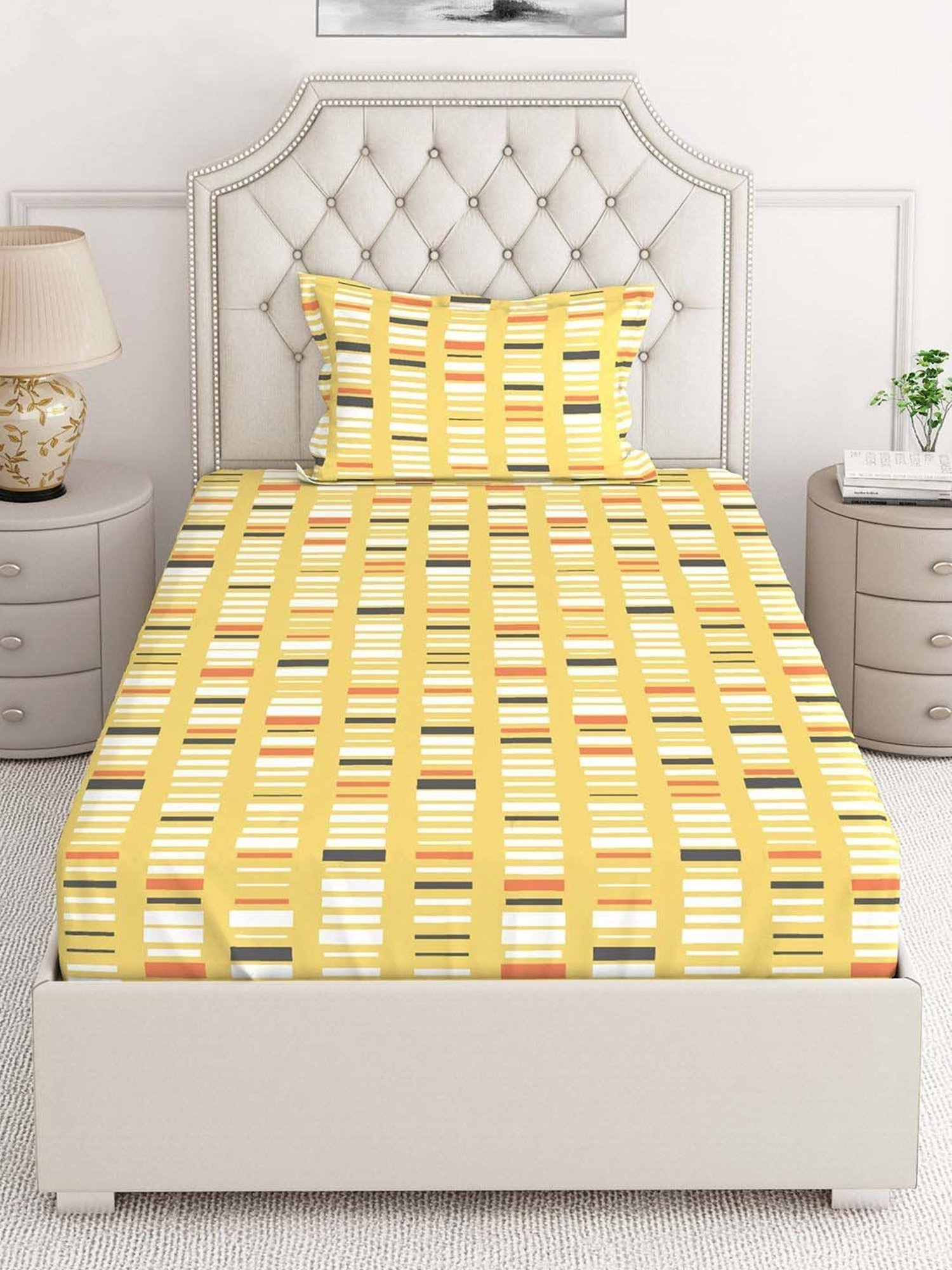Layers Cotton Plus Yellow Cotton Blend 120 TC Single Size Bed Sheet with Pillow Cover