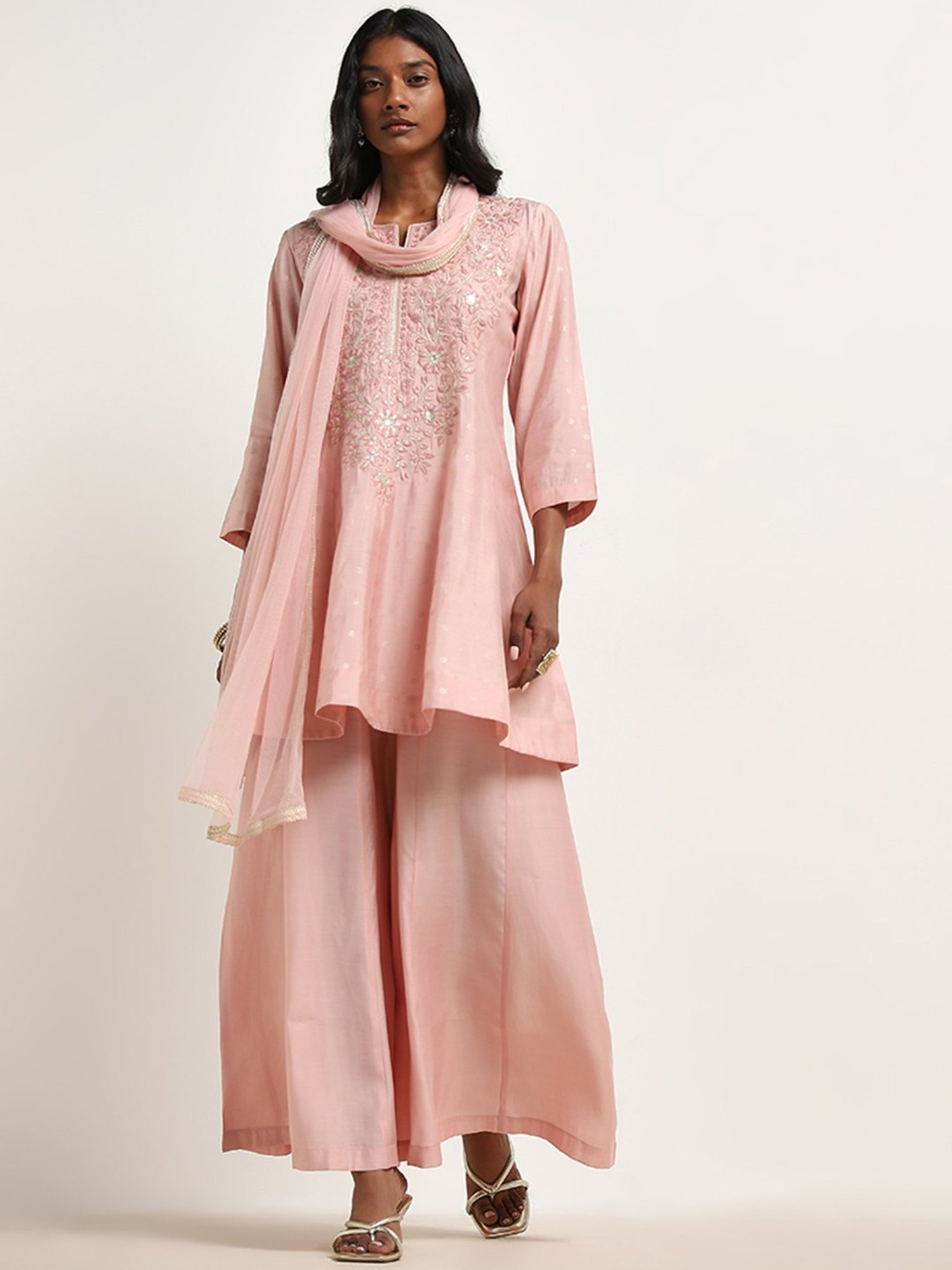 Vark by Westside Light Pink Embroidered Kurti, Palazzos & Dupatta Set