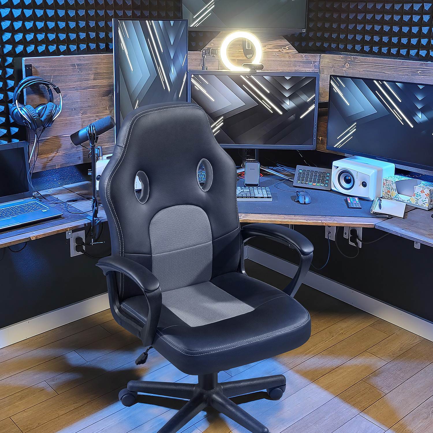 Furmax Office Desk Leather Gaming, High Back Ergonomic Adjustable Racing Task Swivel Executive Computer Chair Headrest and Lumbar Support (Black)