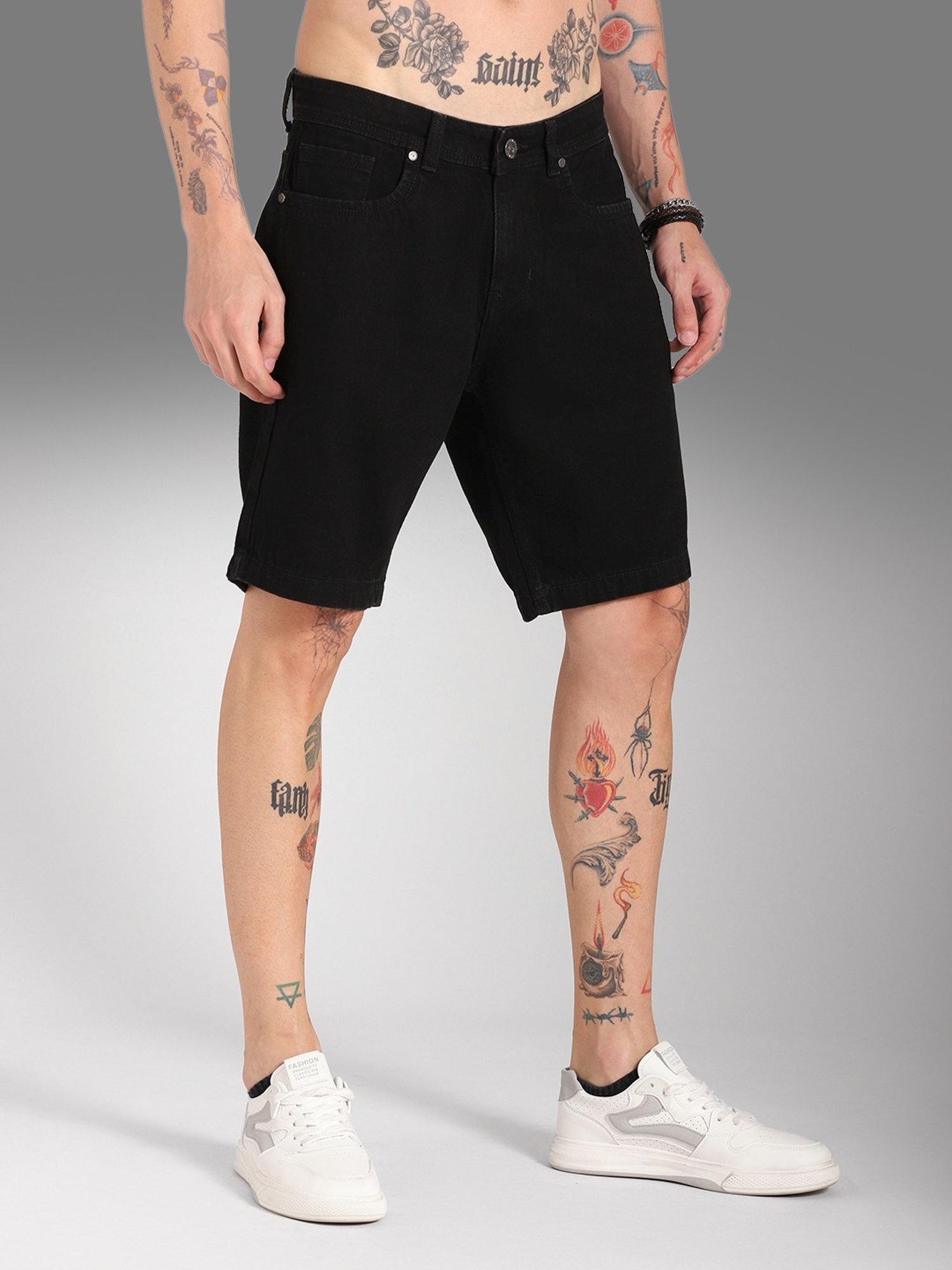 High Star Black Cotton Regular Fit Denim Shorts