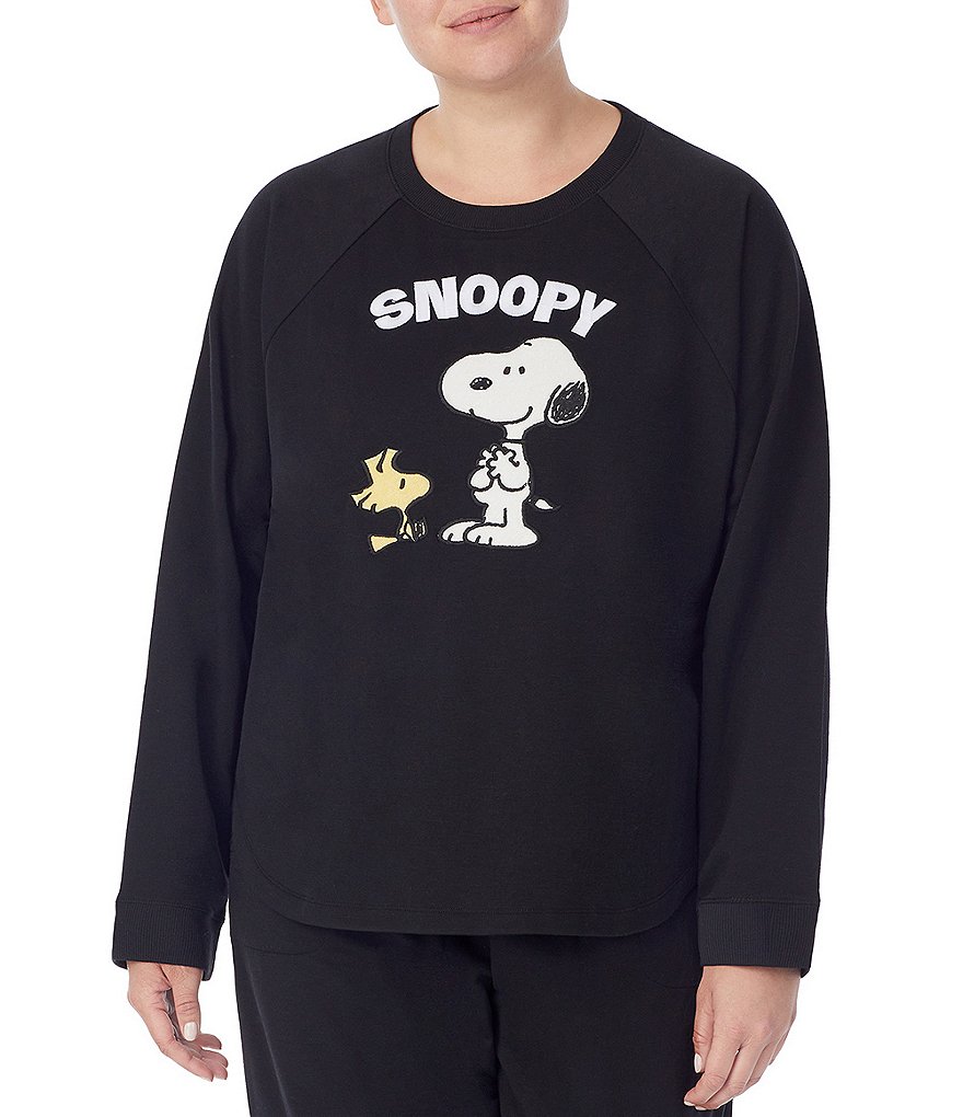 Peanuts Plus Snoopy & Woodstock Appliqued French Terry Crew Neck Long Sleeve Sleep Top